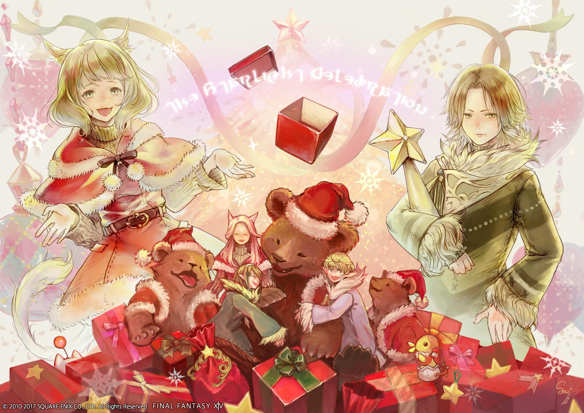 miqote, hat, com, elezen, santa, bear, christmas, animal, 256386, tail, hair, short, male, hyur, watermark, konachan, moogle, green, long, pink, catgirl, HD Wallpaper