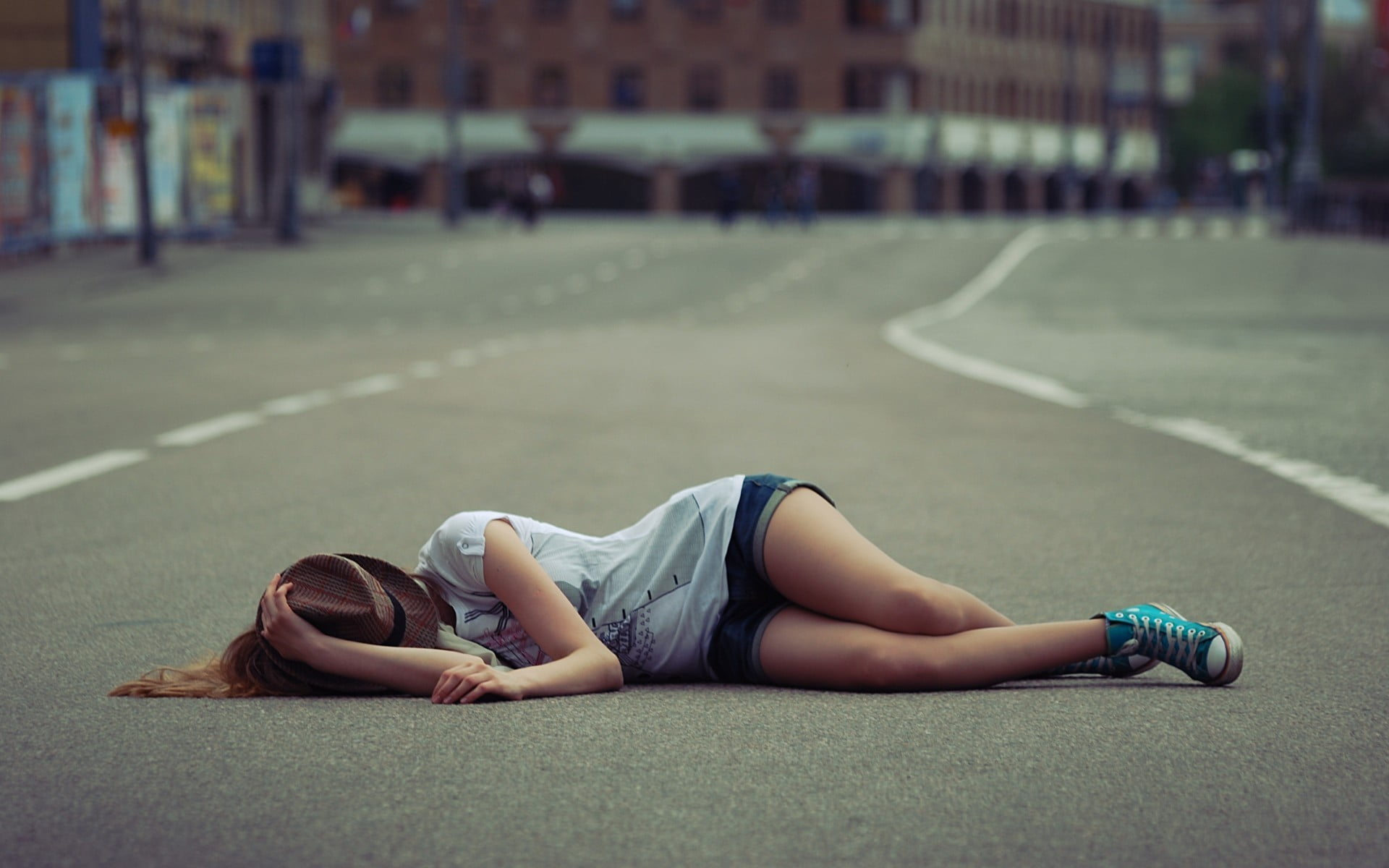 short, relaxation, 1080P, casual clothing, lying down, beautiful woman, covering face, young women, full length, road, day, hairstyle, one person, urban, HD Wallpaper