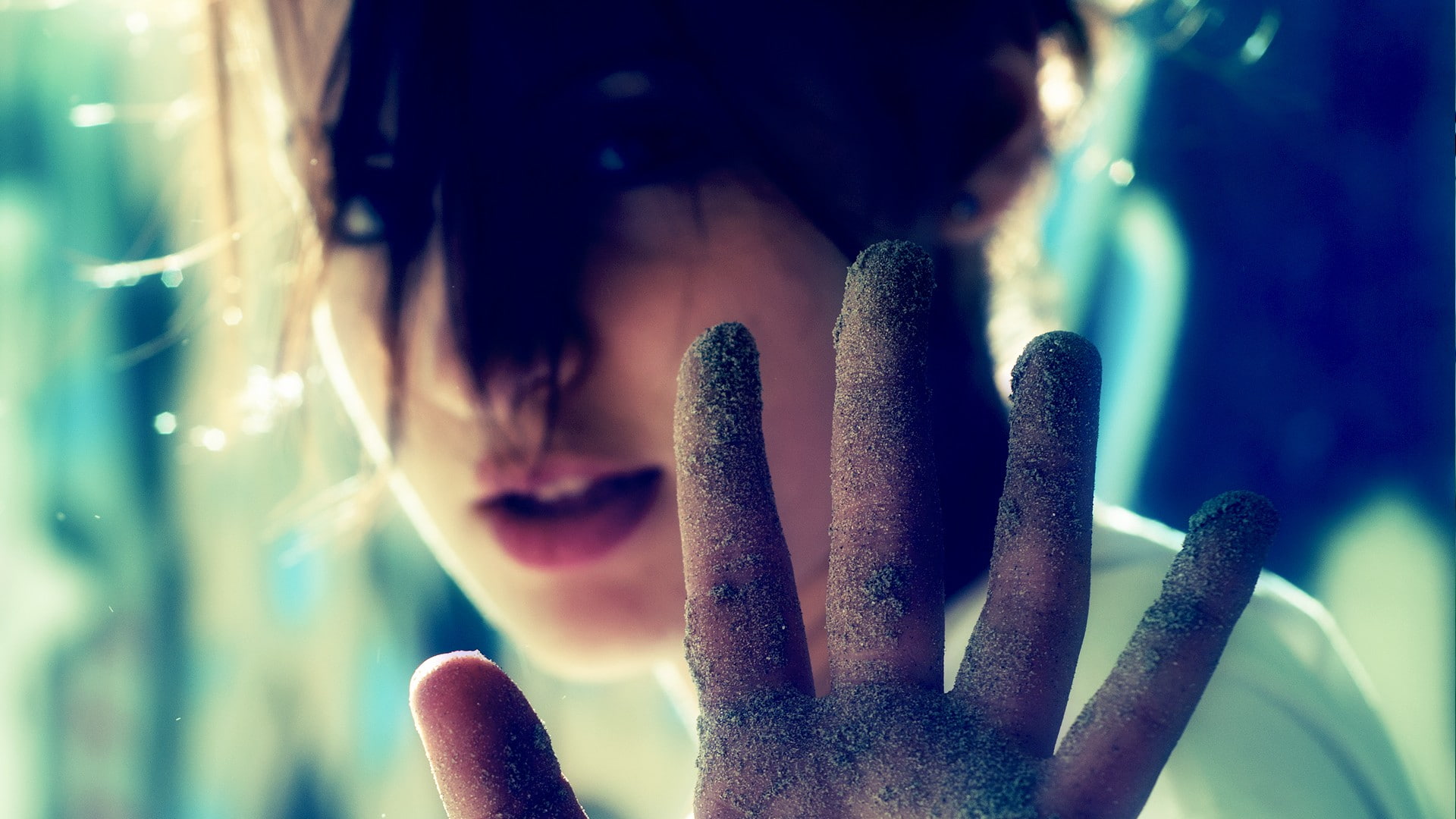 closeup, 1080P, hands, sand covered, face, women, HD Wallpaper