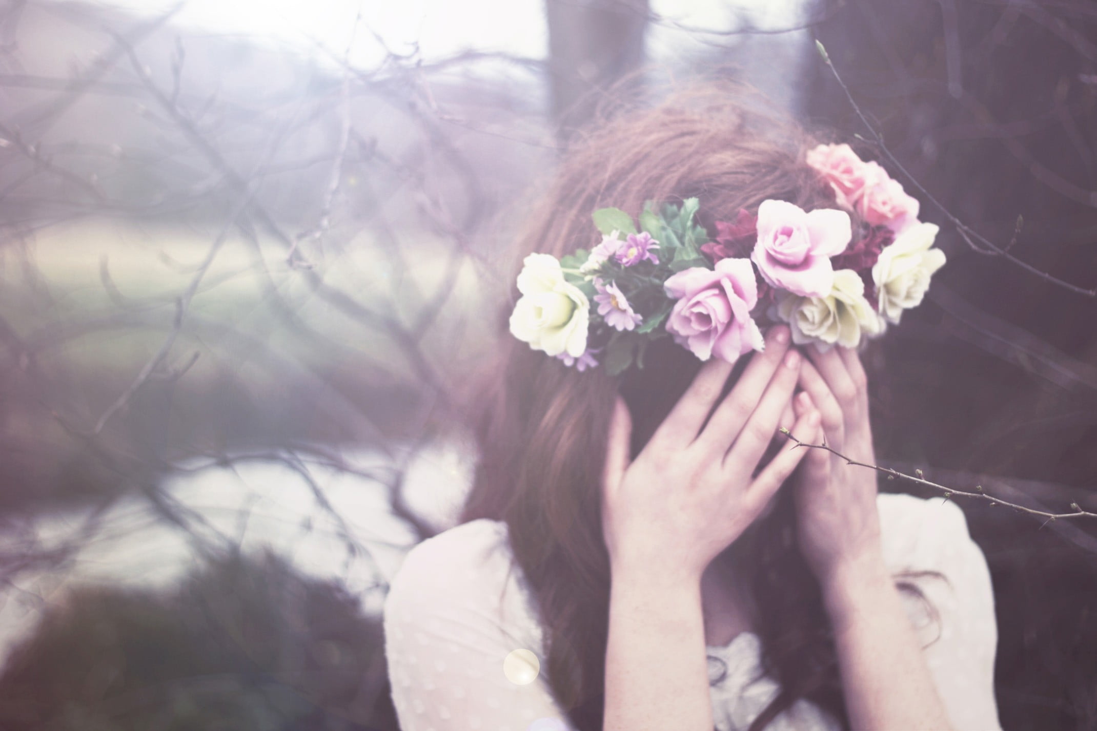 covering face, hairstyle, beauty in nature, plant, one person, flower, obscured face, close-up, portrait, headshot, tree, real people, focus on foreground, HD Wallpaper