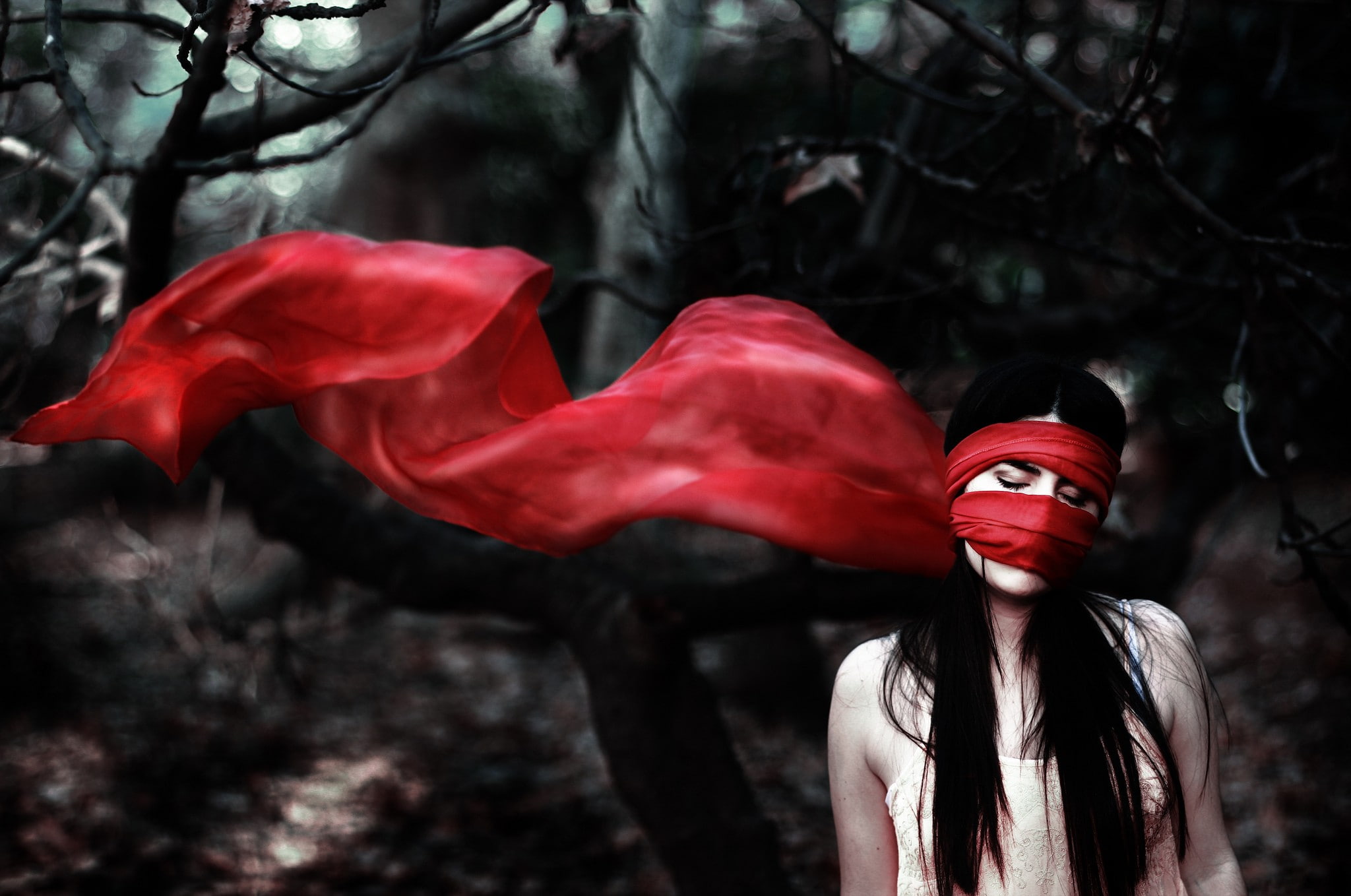 1080P, model, women, black hair, covered face, selective coloring, long hair, women outdoors, HD Wallpaper