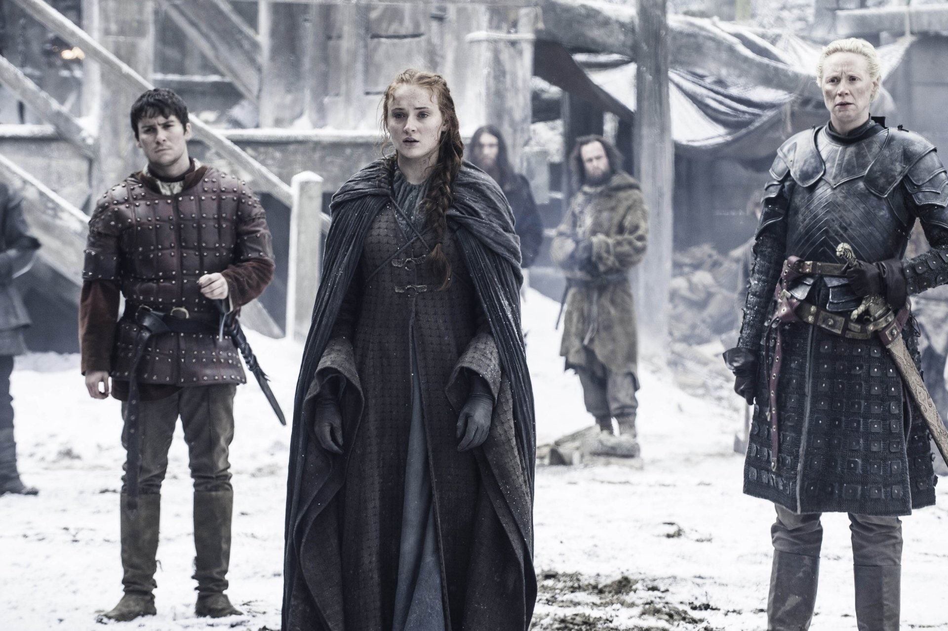 1080P, city, males, clothing, Game Of Thrones, day, warm clothing, cold temperature, looking at camera, Sansa Stark, men, winter, Podrick Payne, snowing, HD Wallpaper
