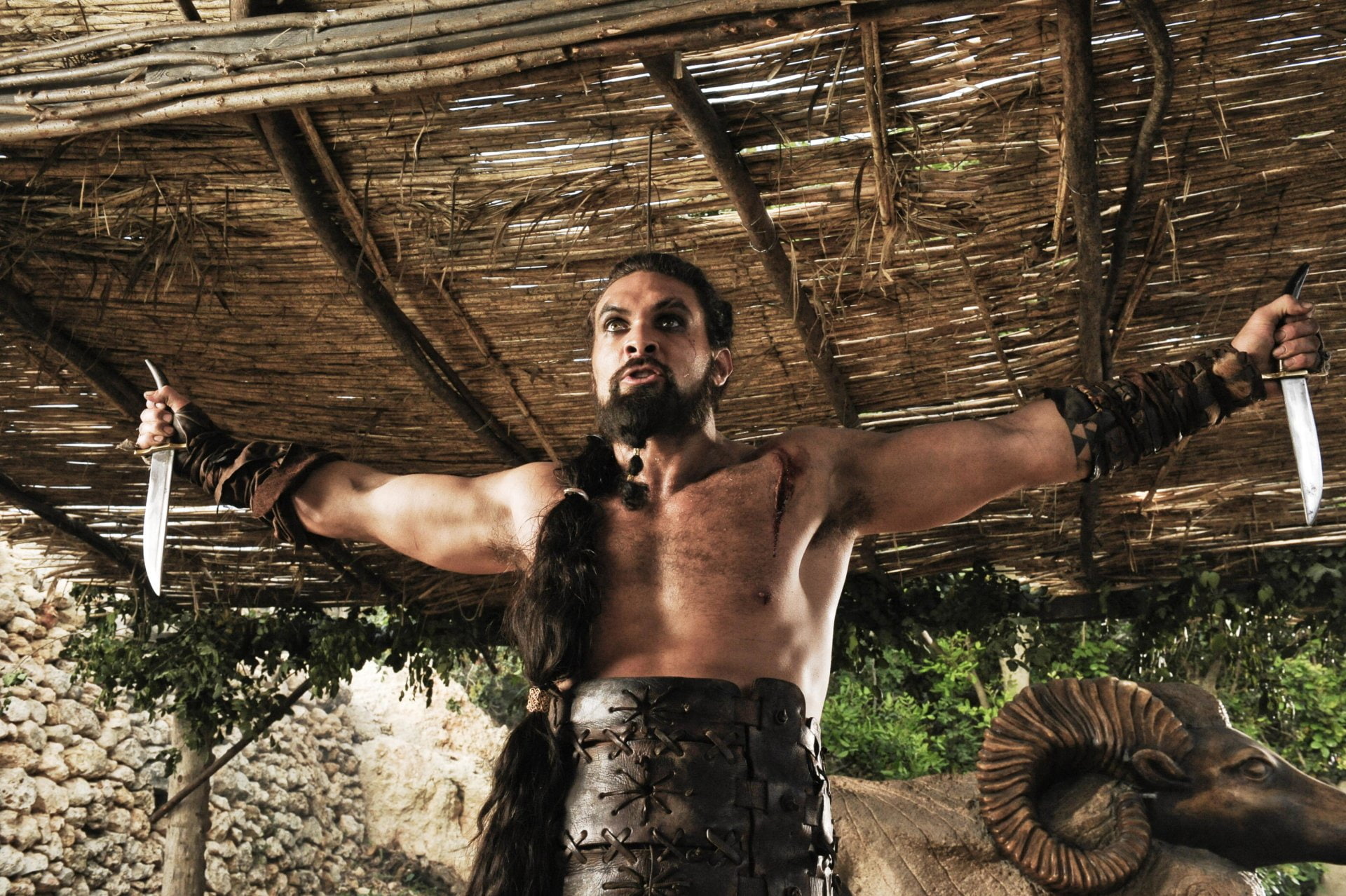 men, Game Of Thrones, chest, leisure activity, front view, 1080P, standing, day, nature, young adult, Jason Momoa, human arm, Drogo (Game Of Thrones), HD Wallpaper