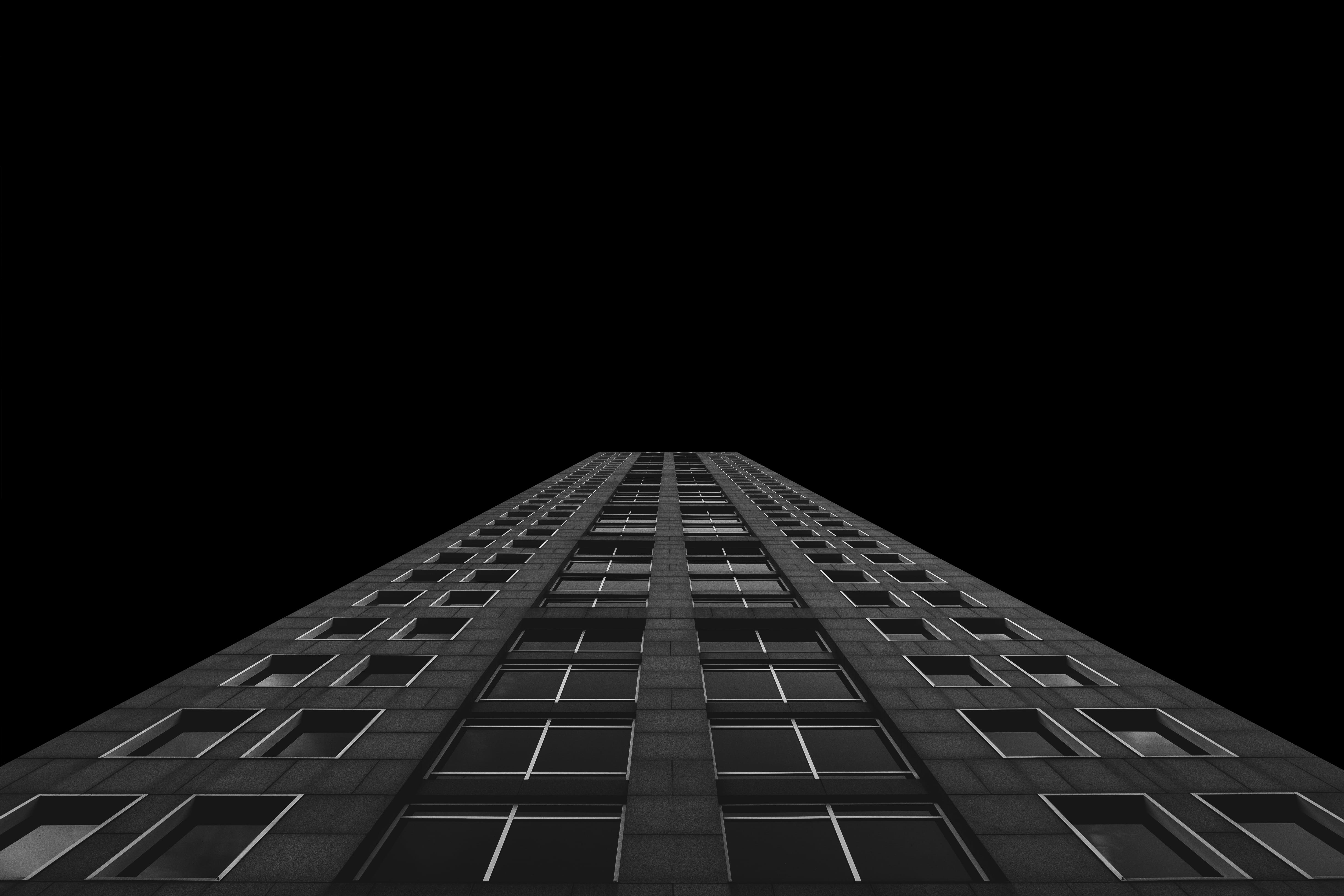 architecture, worm, low angle view, city, built structure, illuminated, directly below, dark, concrete, outdoors, office, clear sky, angle, skyscraper, HD Wallpaper