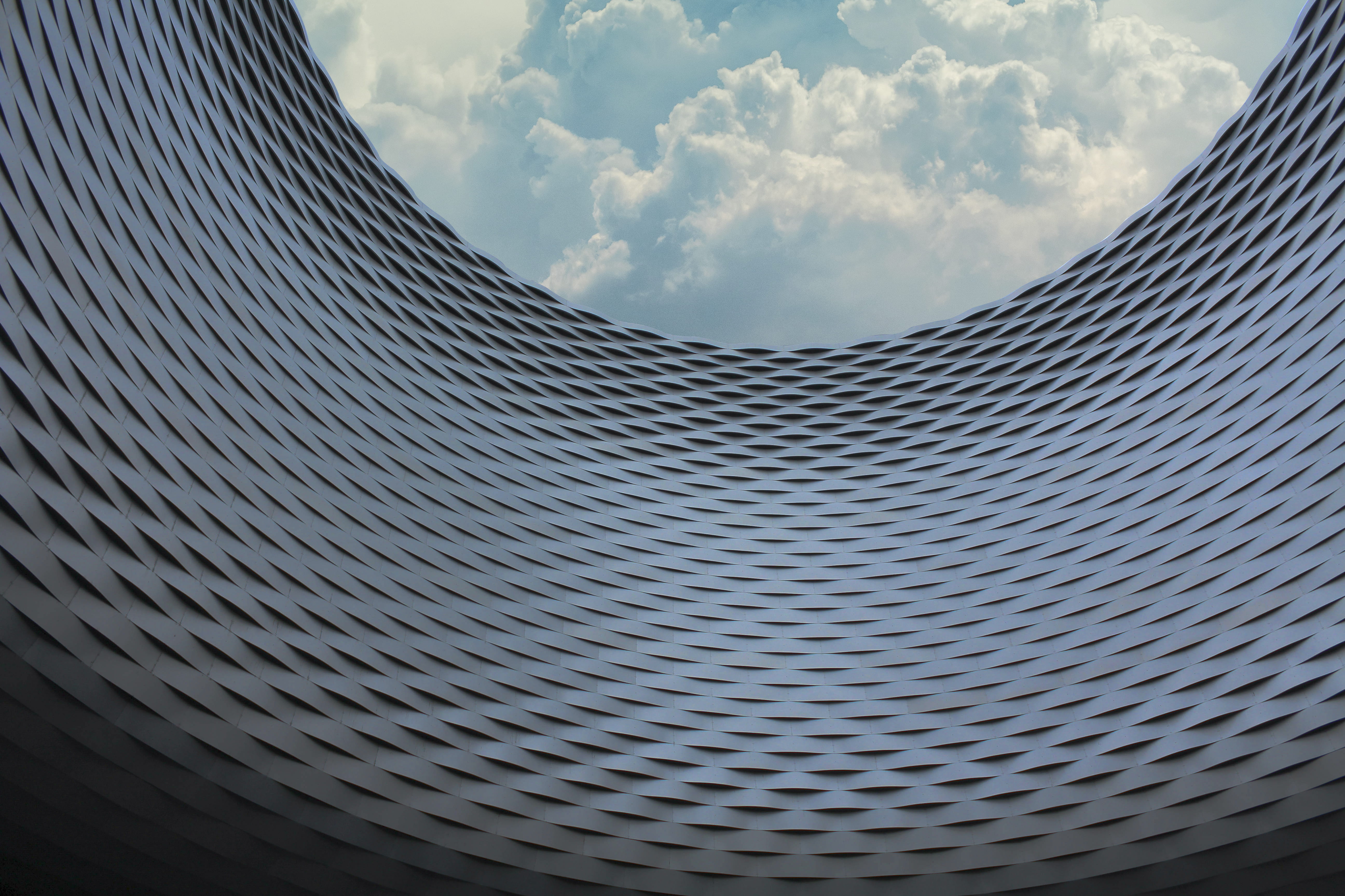 worm, architecture, curve, building exterior, sunlight, striped, nature, modern, s, day, bottom view, cloud - sky, cloud, steel, silver colored, pattern, HD Wallpaper
