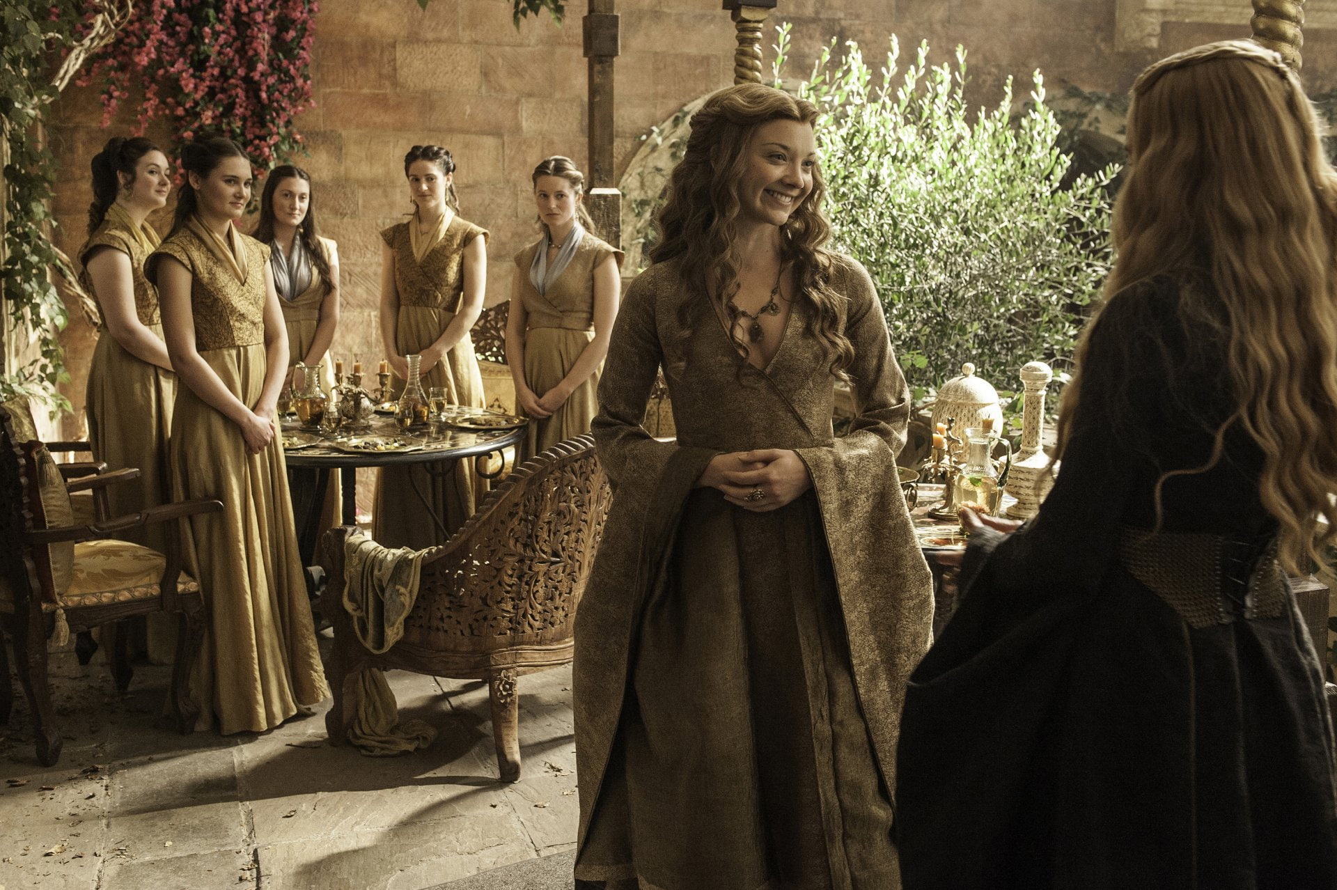 glass, Margaery Tyrell, fashion, TV Show, formalwear, dress, architecture, females, 1080P, smiling, hairstyle, Game Of Thrones, the past, evening gown, HD Wallpaper