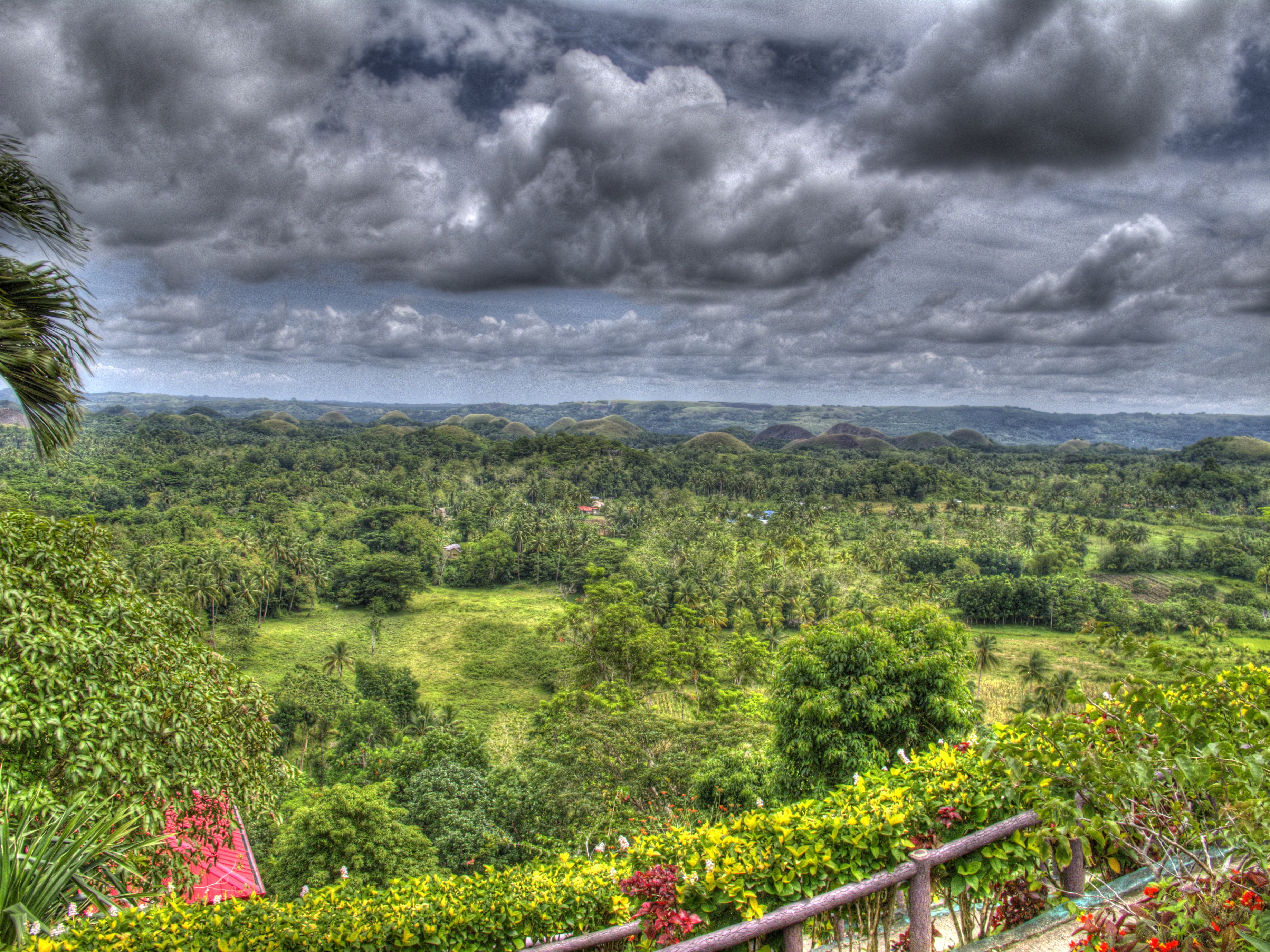 green, bohol, philippines, clouds, hdr, paradise, shot, 2K, canon, fence, tree, Level 1, tropics, chocolate hills, nature, tropical, cloud - Sky, field, HD Wallpaper