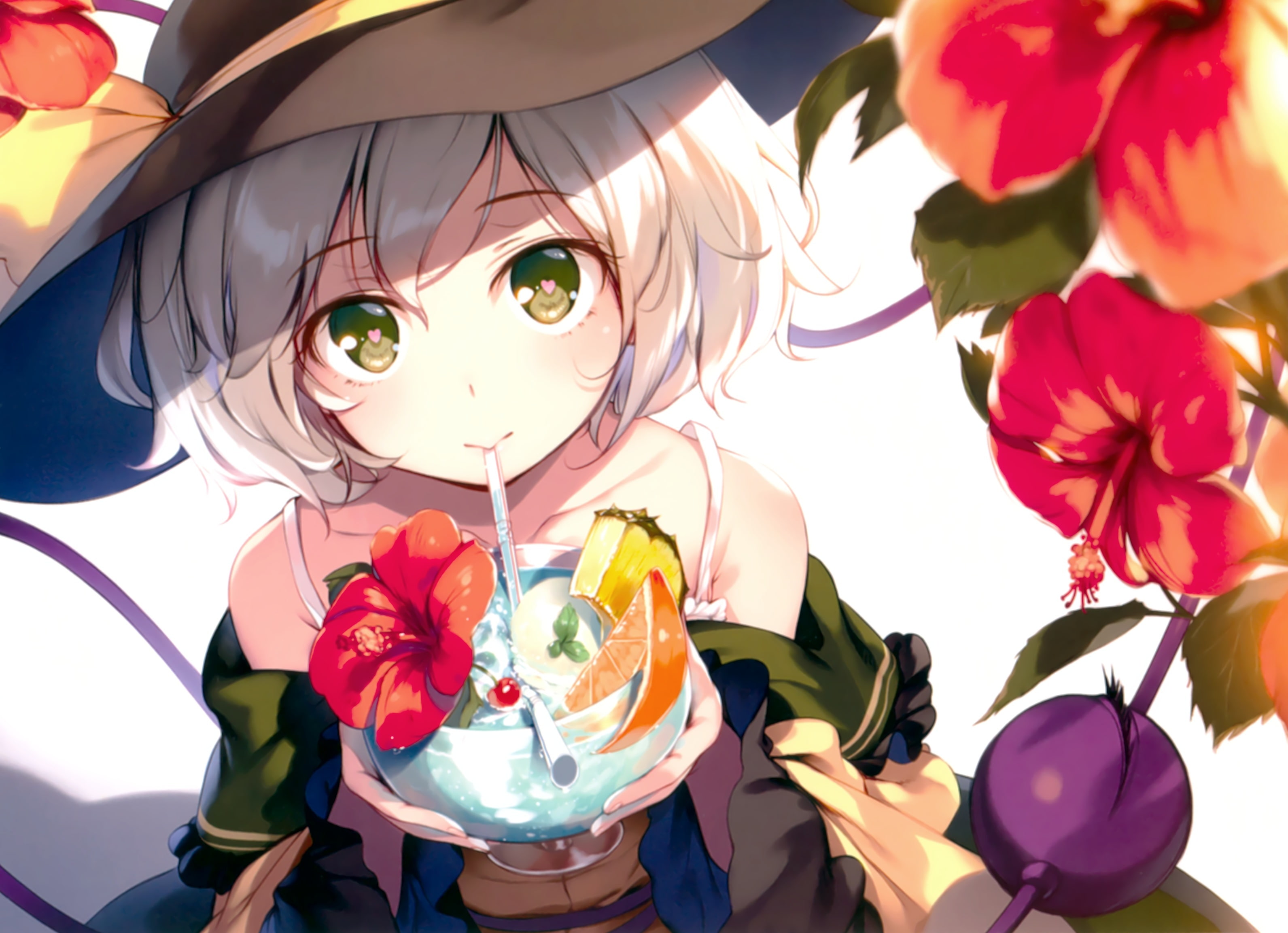 com, food, eyes, konachan, ke-ta, komeiji, white, koishi, touhou, fruit, flowers, hat, scan, 2K, 249925, hair, green, short, drink, HD Wallpaper