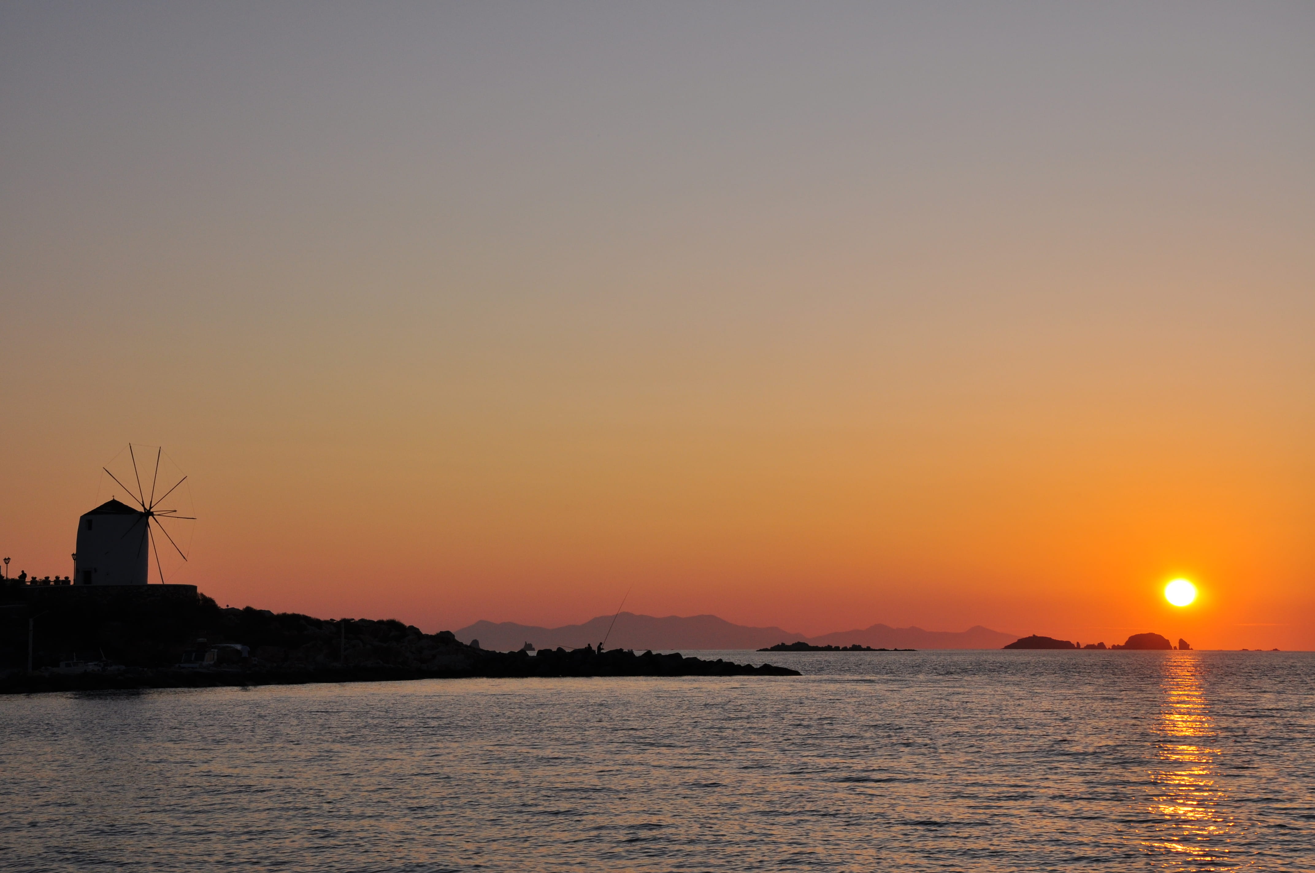 clear sky, greece, no people, orange color, sunset, paros, windmill, silhouette, beauty in nature, outdoors, copy space, 4K, non-urban scene, tranquility, HD Wallpaper