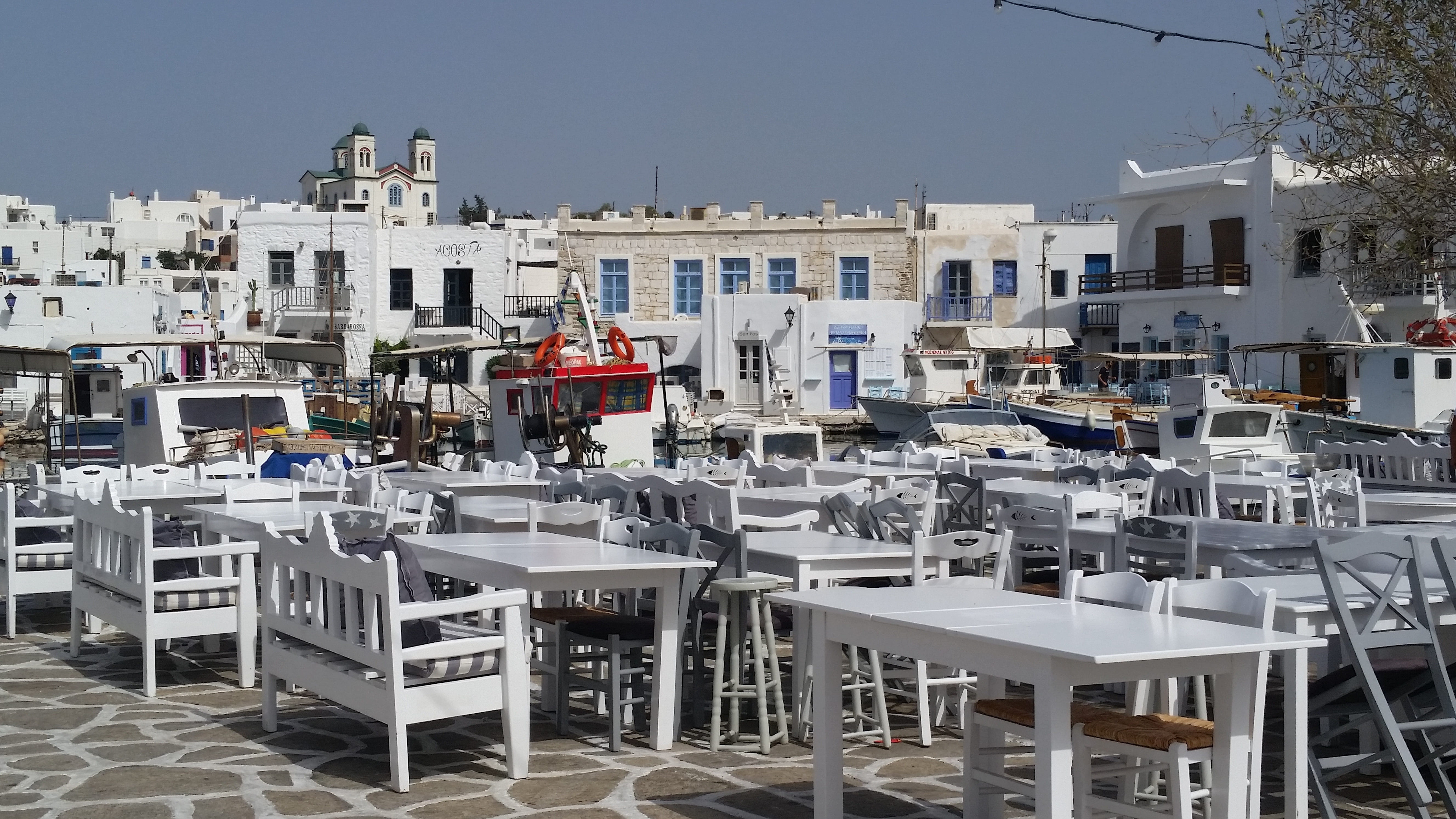 outdoors, vacation, holiday, no people, table, built structure, water, greece, city, restaurant, 5K, day, seat, chair, sky, travel, nature, building exterior, HD Wallpaper