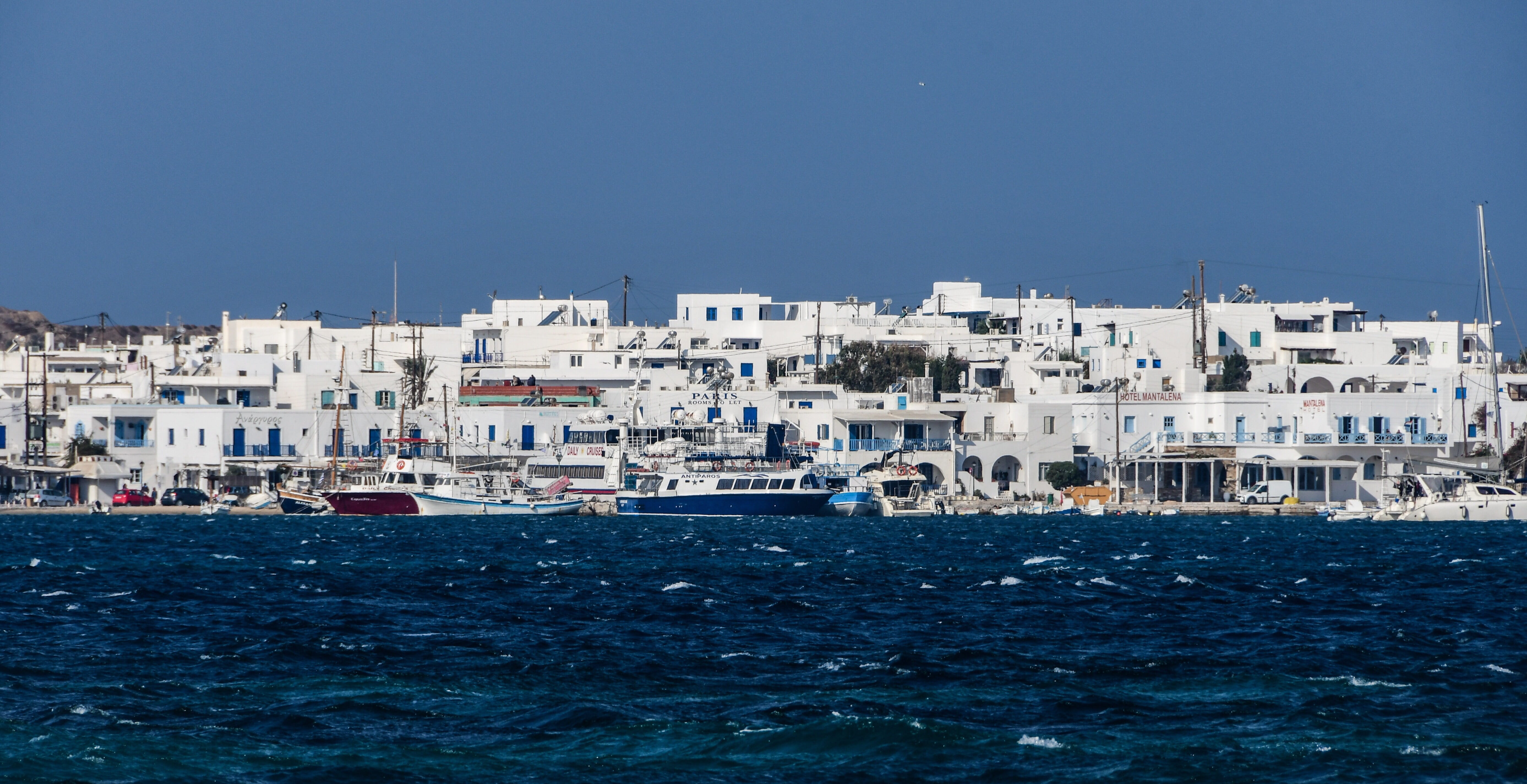 transportation, water, mode of transportation, travel, city, nature, no people, outdoors, sea, waterfront, nautical vessel, land, cyclades, day, clear sky, HD Wallpaper