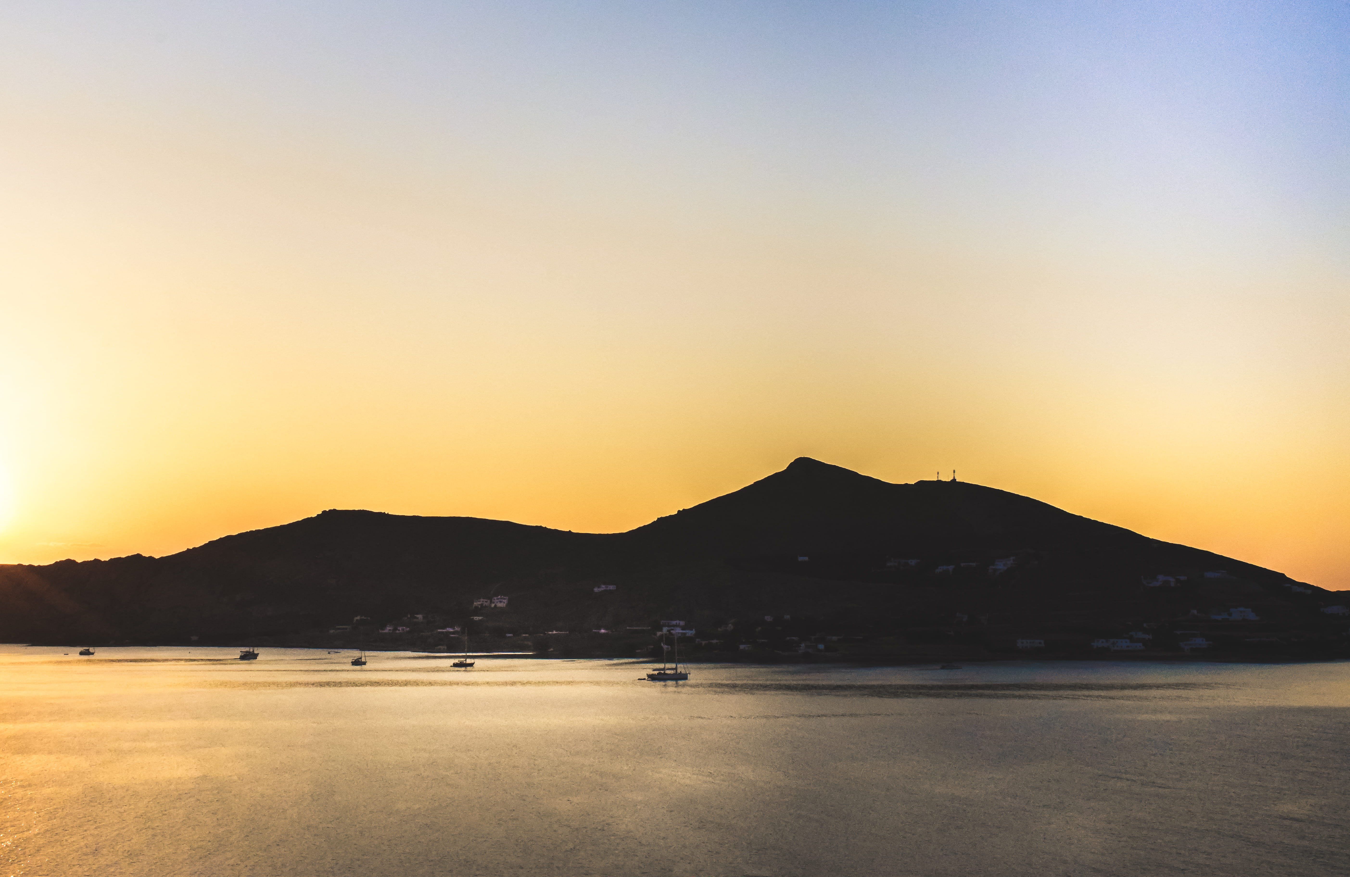 travel, paros, copy space, mountain, outdoors, sky, 5K, orange color, sunset, ocean, tranquil scene, sea, water, silhouette, clear sky, scenics - nature, HD Wallpaper