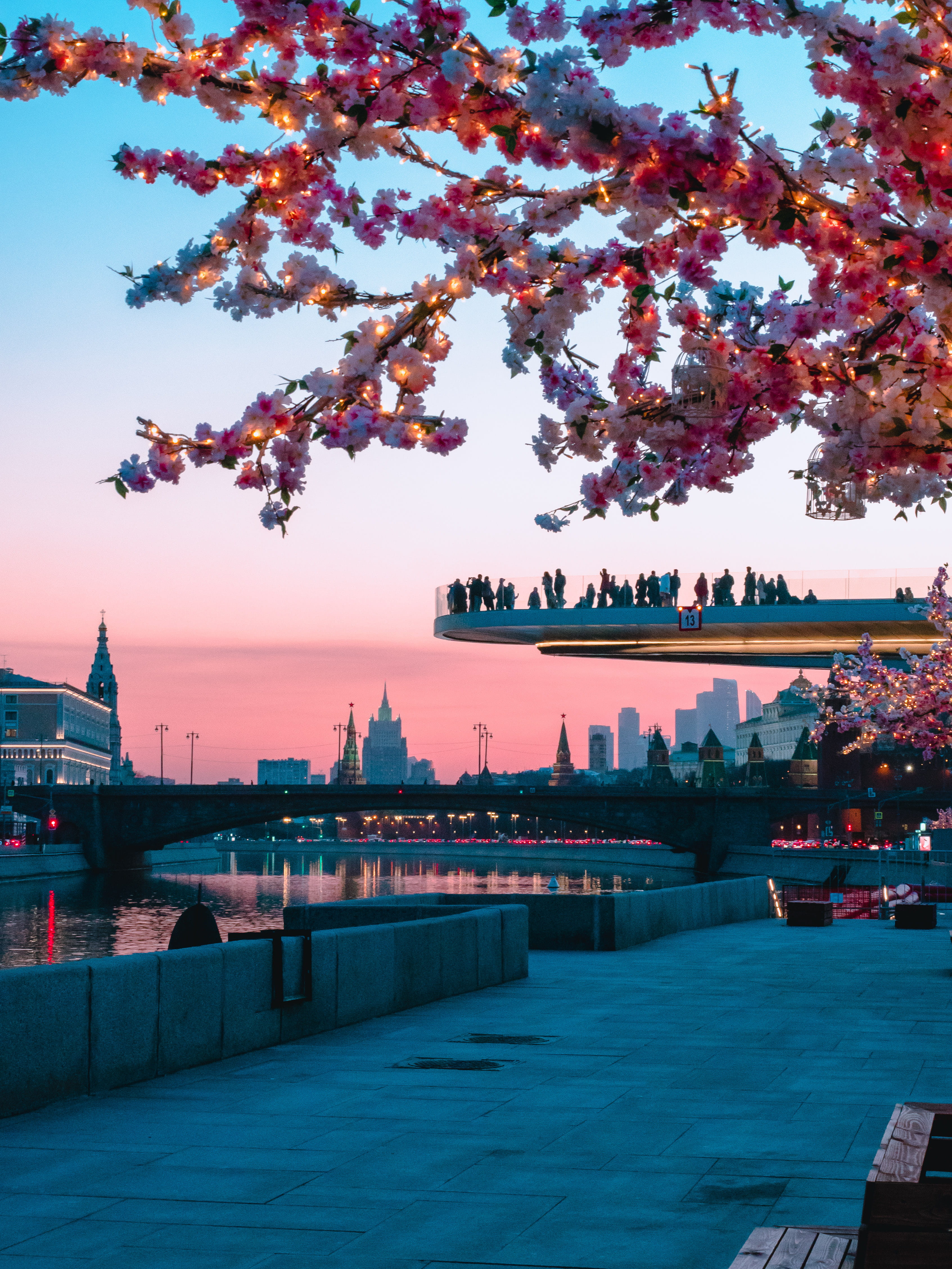 riverfront, spring, overlook, architecture, sky, people, cloud - sky, floral, waterfront, crowd, sunset, blossom, river, plant, zaryadye, city, nature, Phone HD Wallpaper