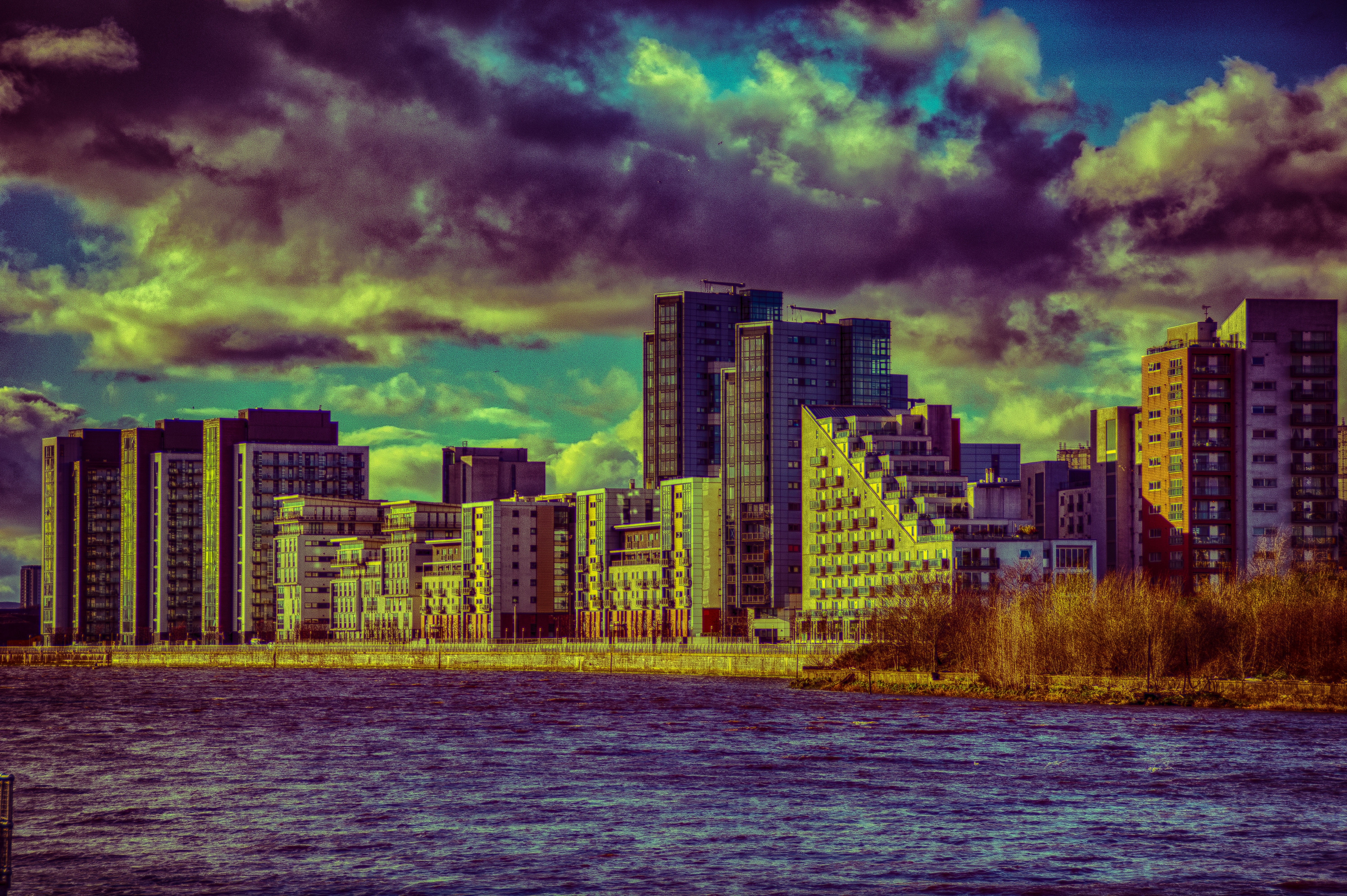 gray, cityscape, riverside, destination, riverfront, water, city life, hdr, urban skyline, built structure, city, landscape, sc, bank, ominous, sea, nature, HD Wallpaper