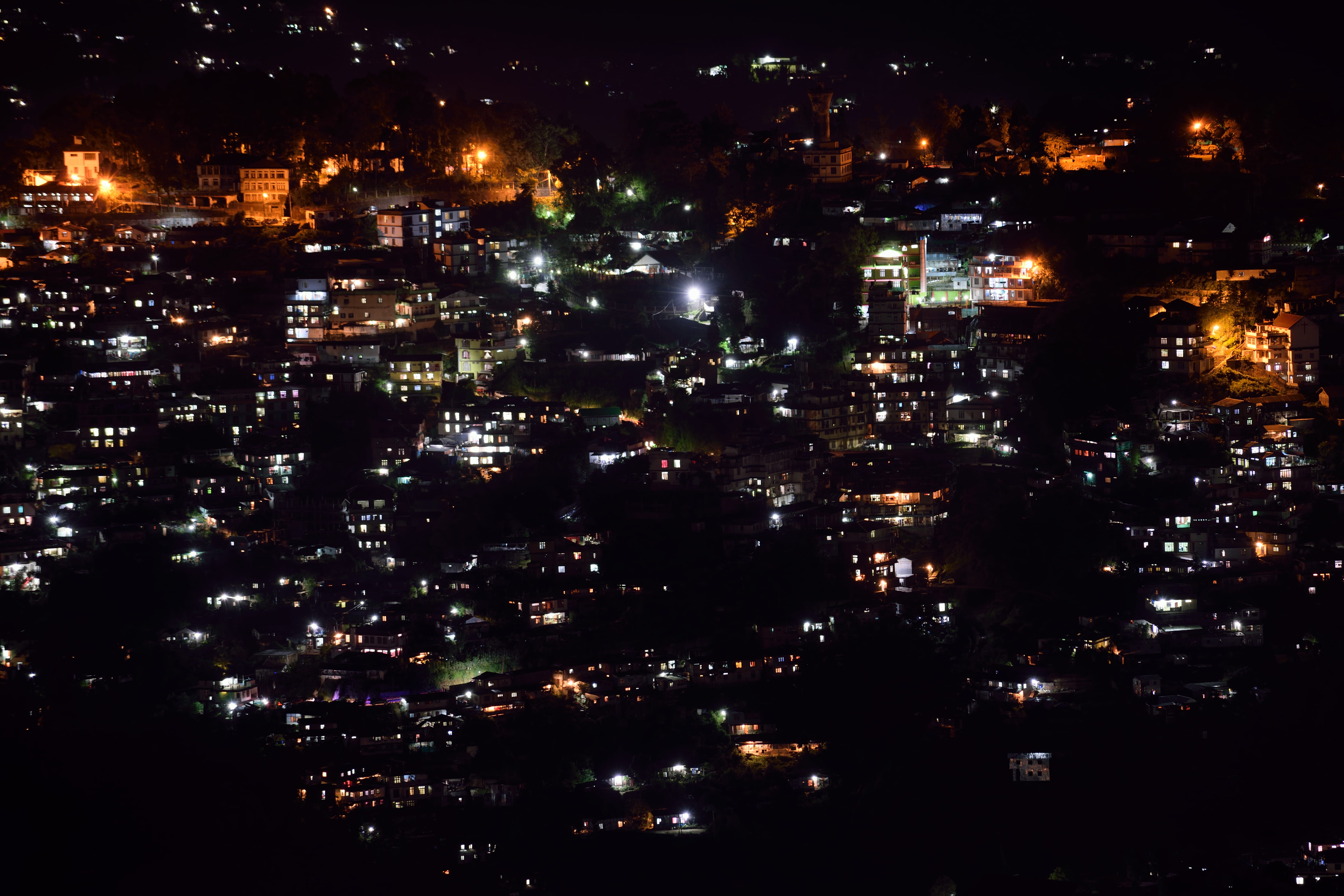 residential district, city light, built structure, city life, illuminated, aerial view, night, crowded, architecture, sky, city, office building exterior, HD Wallpaper