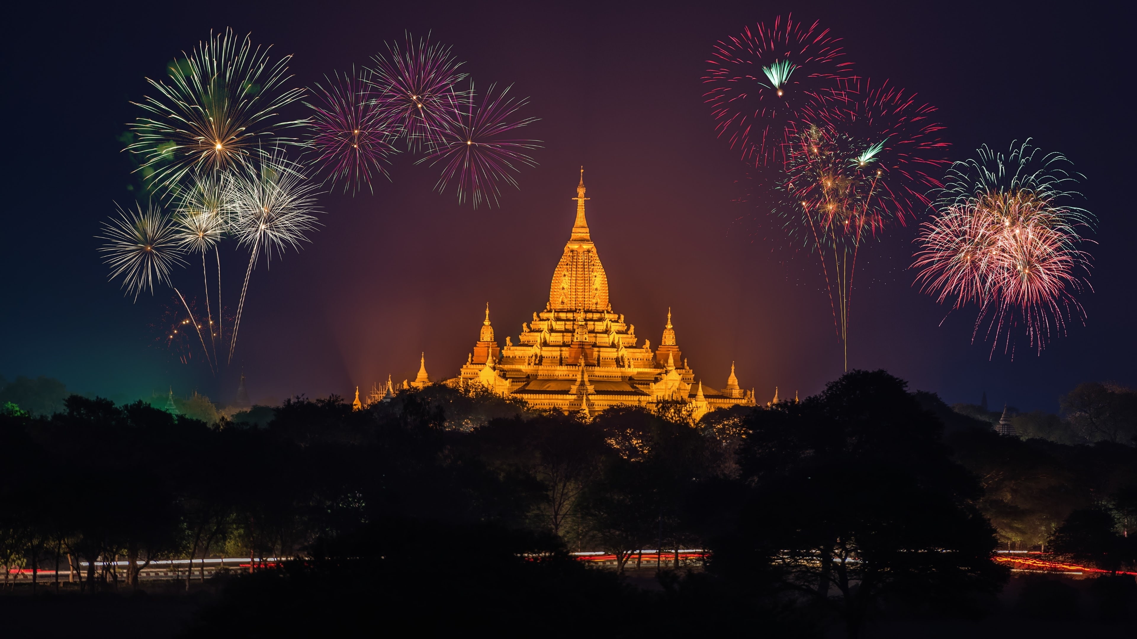 celebration, travel destinations, nature, ananda temple, arts culture and entertainment, 4K, fireworks, Others, night, firework - man made object, illuminated, HD Wallpaper