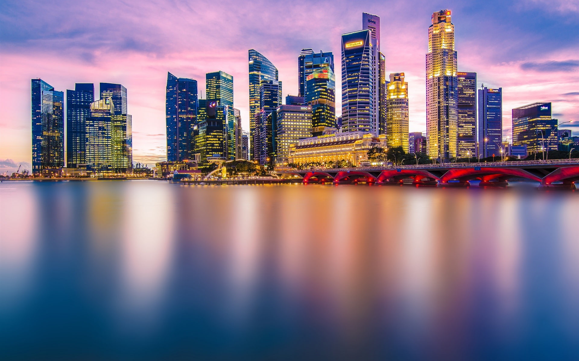 Bay, Evening, Skyscrapers, Singapore, City, Beautiful, 1080P, Lights, Bridge, HD Wallpaper