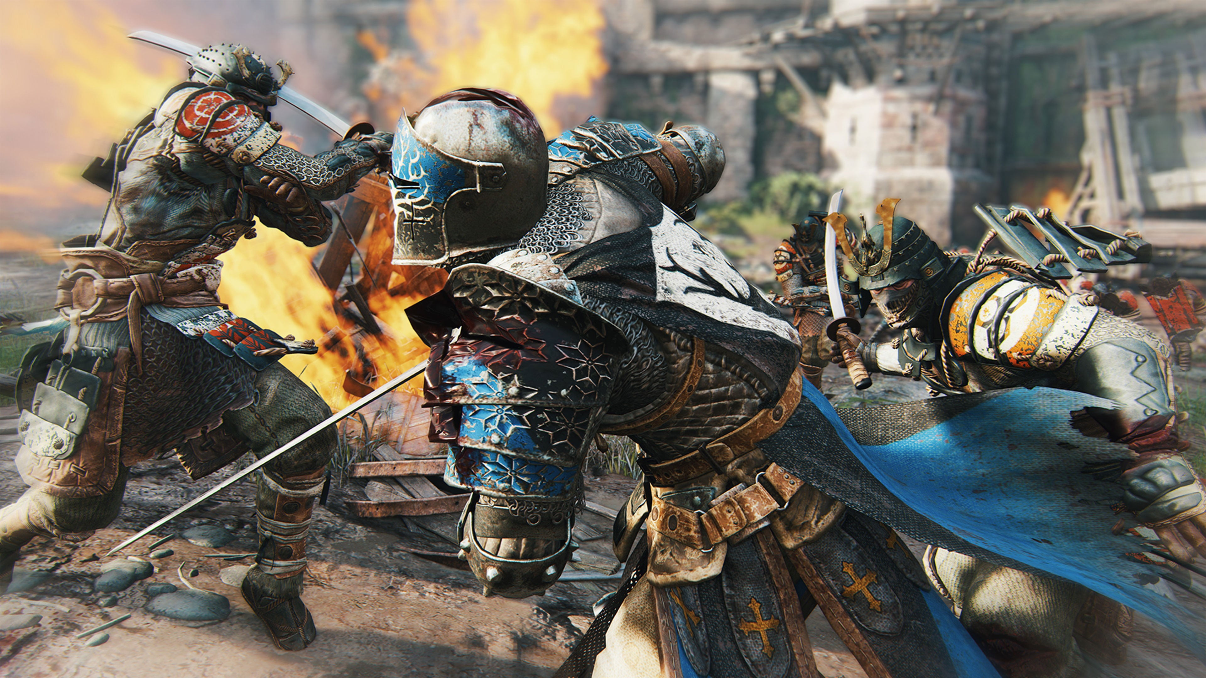 burning, building exterior, knight, protection, full length, fire, art and craft, blade, obscured face, samurai, built structure, For Honor, architecture, HD Wallpaper