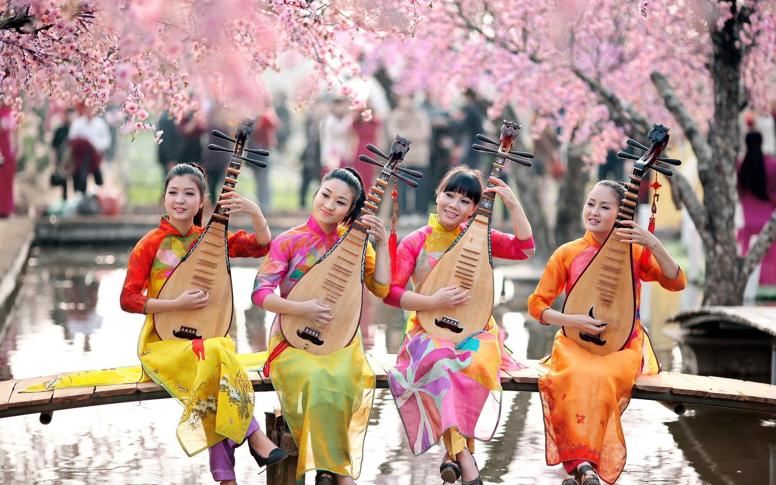 Four, Girls, Chinese, Playing, 2K, Pipa, HD Wallpaper