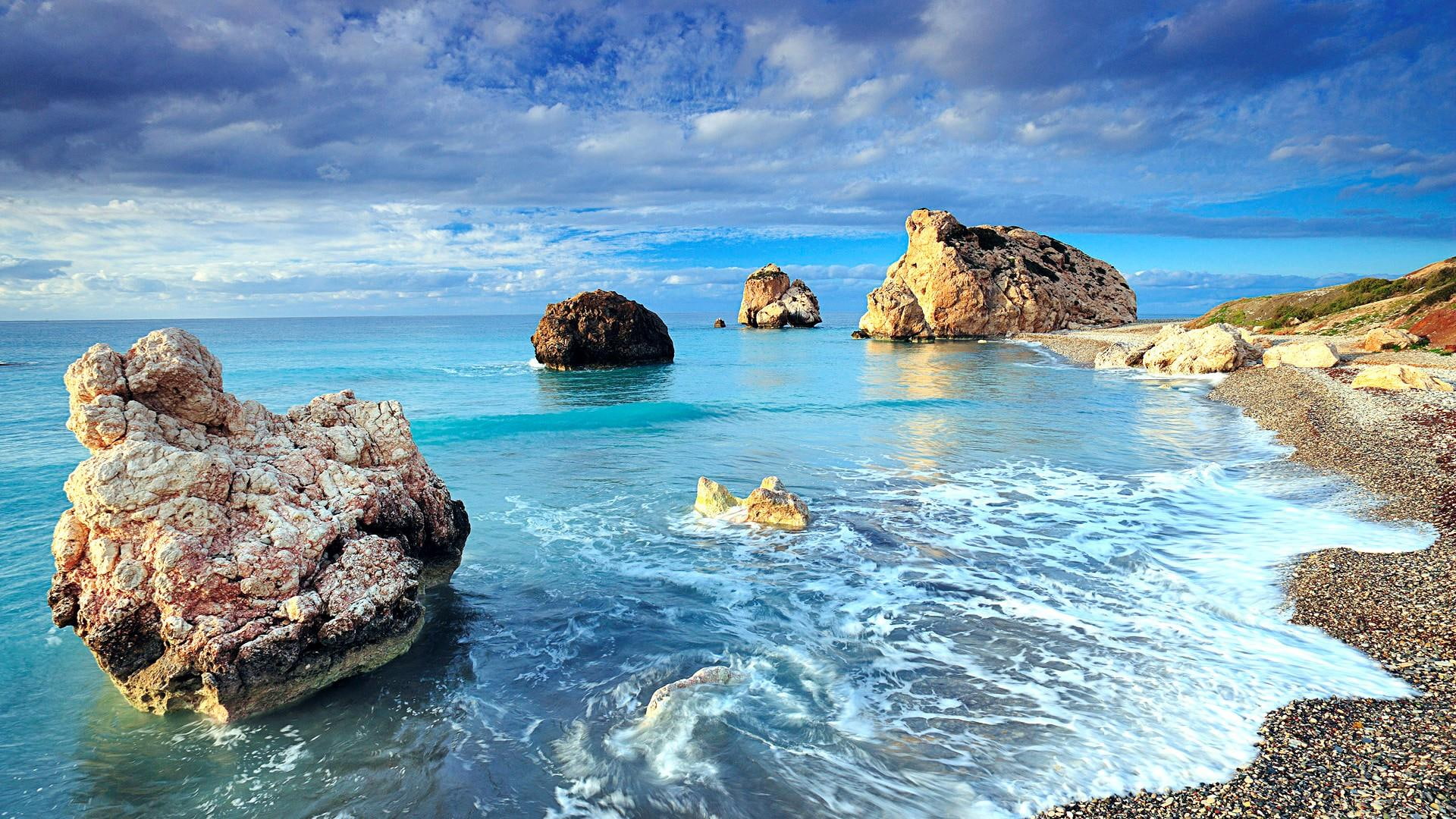 rocks, sea, sunset, summer, summertime, vacation, turquoise, beach, blue sea, 1080P, nature, rock, blue sky, sky, HD Wallpaper