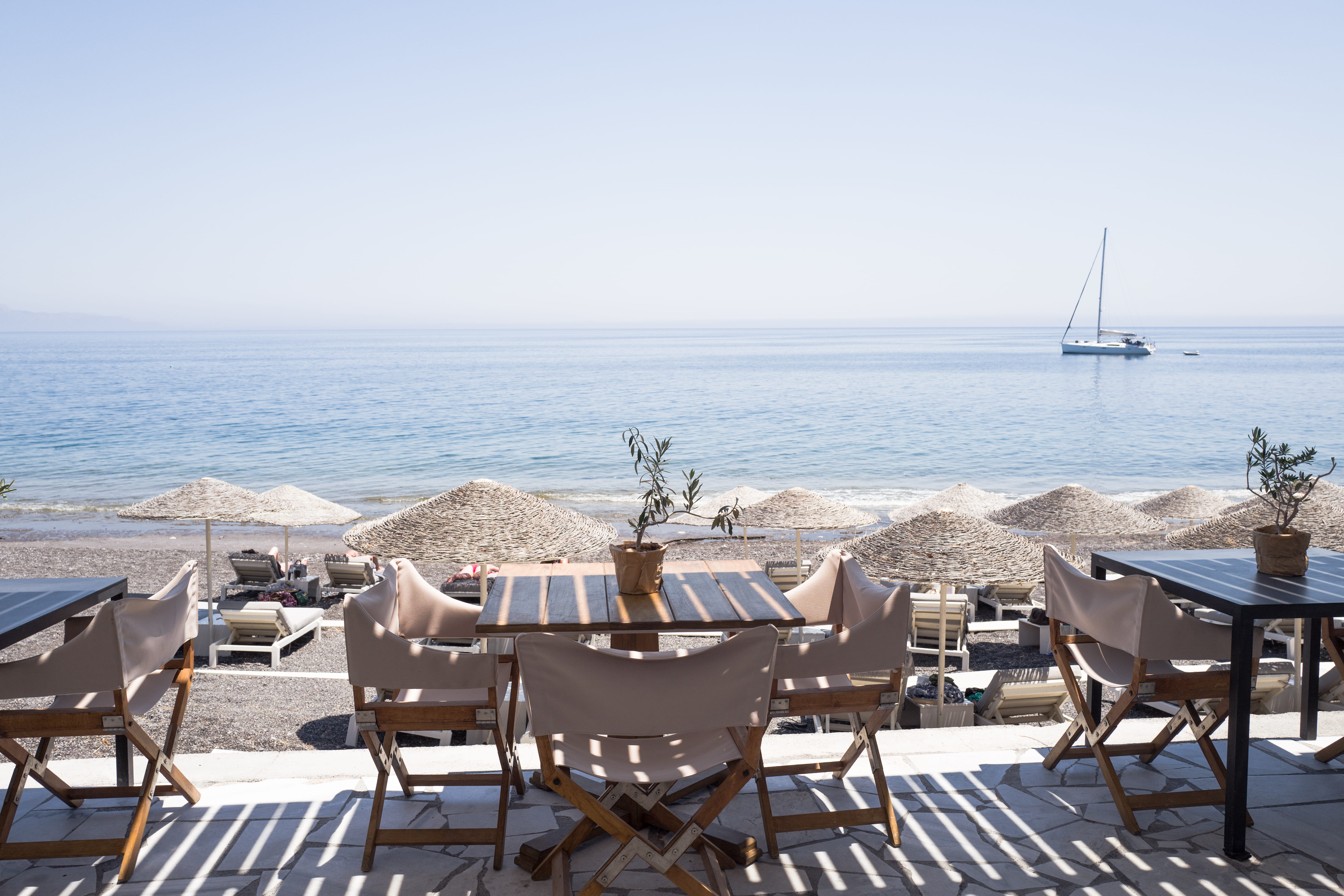 sky, table, beach, nature, 5K, seat, summertime, sun, outdoors, greece, club, chair, no people, sea, tranquility, horizon over water, business, horizon, HD Wallpaper