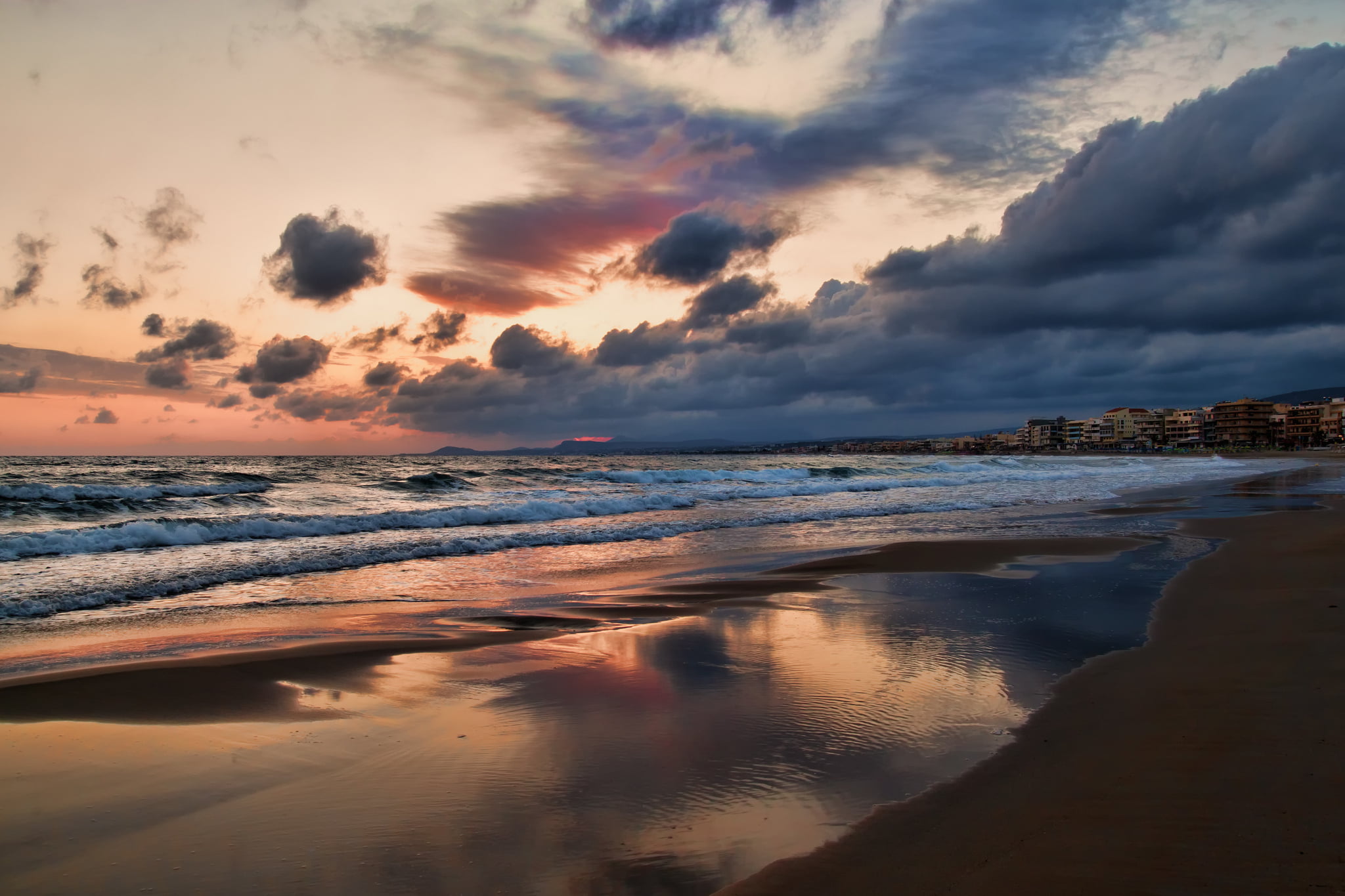 water, sunset, sky, resort, beauty in nature, Crete, no people, tranquil scene, cloud - sky, shore, scenics - nature, idyllic, Greece, 1080P, HD Wallpaper