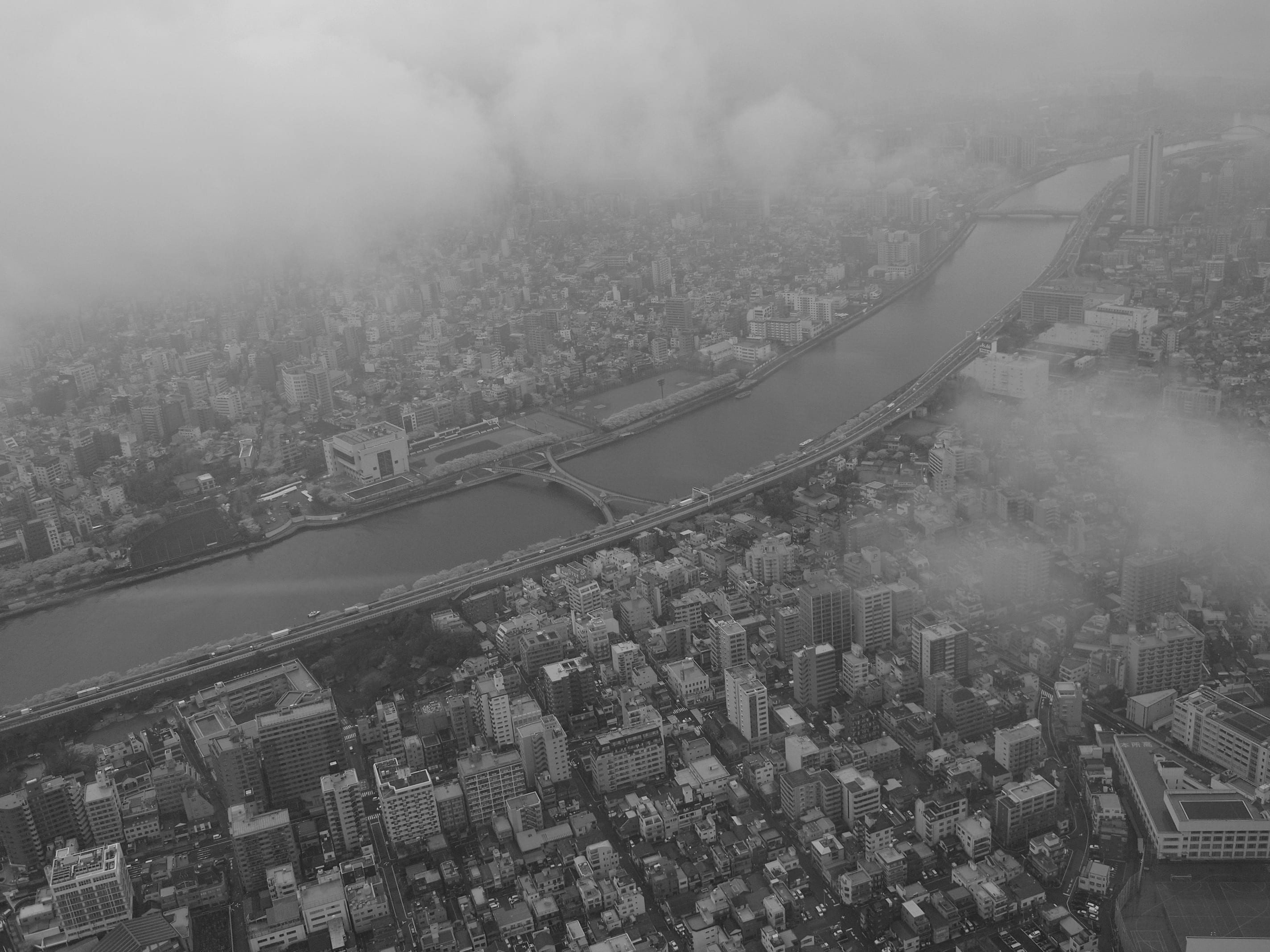 building exterior, skyscraper, tokyo sky tree, fog, water, crowd, crowded, aerial view, architecture, bridge - man made structure, photography, day, transportation, HD Wallpaper