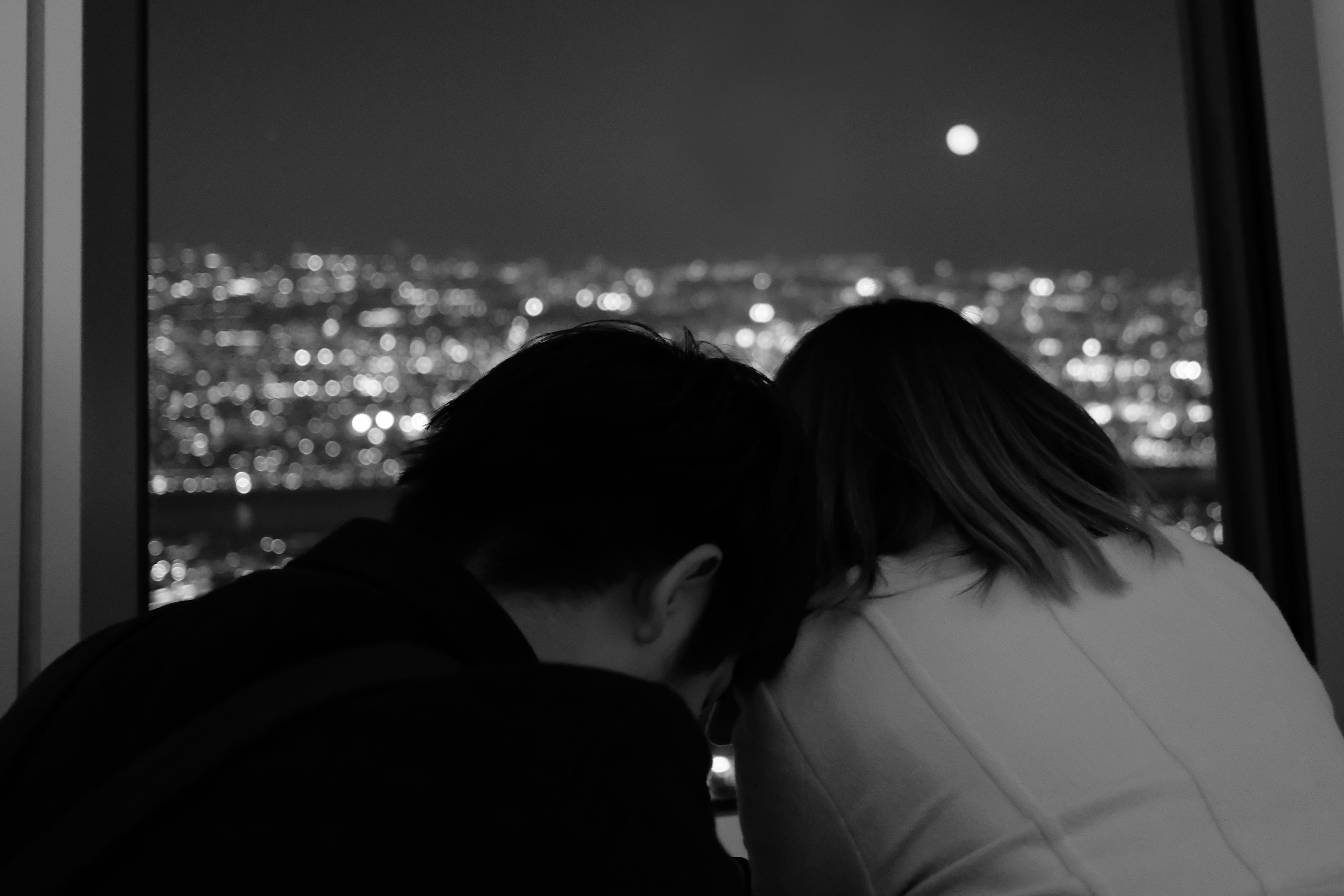 moon, couple, emotion, window, positive emotion, 4K, headshot, people, indoors, real people, women, black and white, couple - relationship, portrait, adult, HD Wallpaper