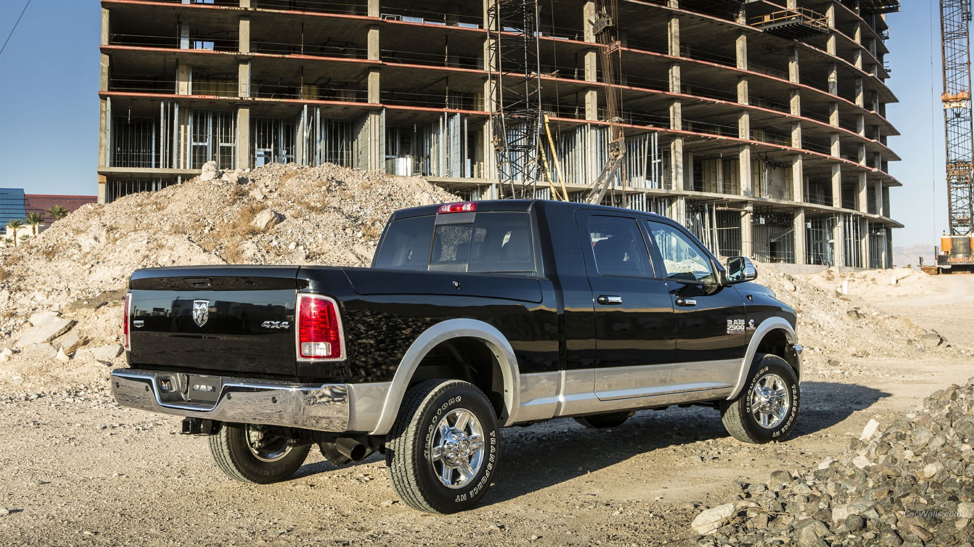 outdoors, building exterior, travel, city, car, Dodge RAM, construction site, 1080P, vehicle, mode of transportation, shadow, building, nature, Dodge, HD Wallpaper