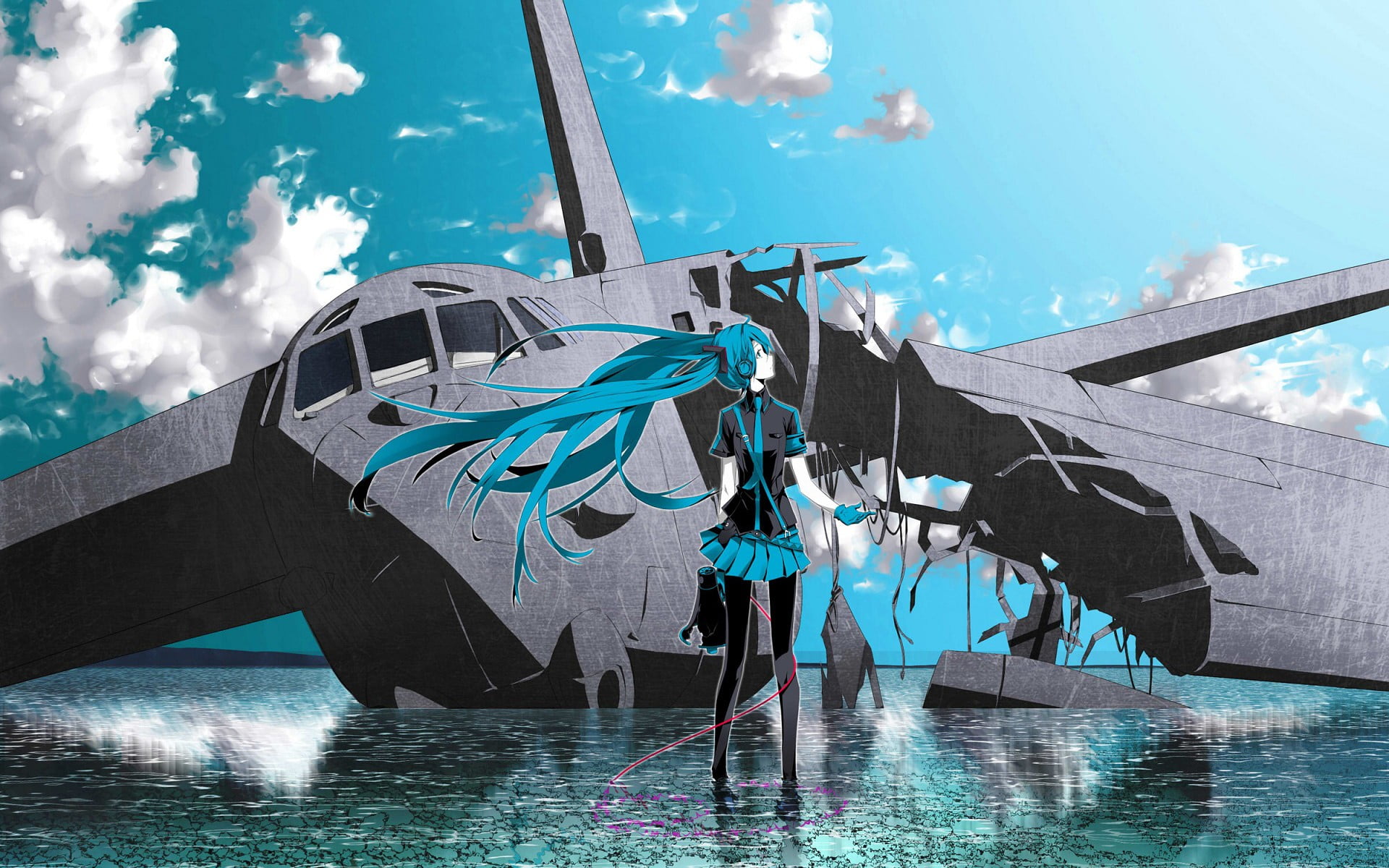 waterfront, cloud - sky, swimming pool, anime girls, building exterior, transportation, reflection, water, Vocaloid, airplane, wrecked, sunlight, nautical vessel, HD Wallpaper