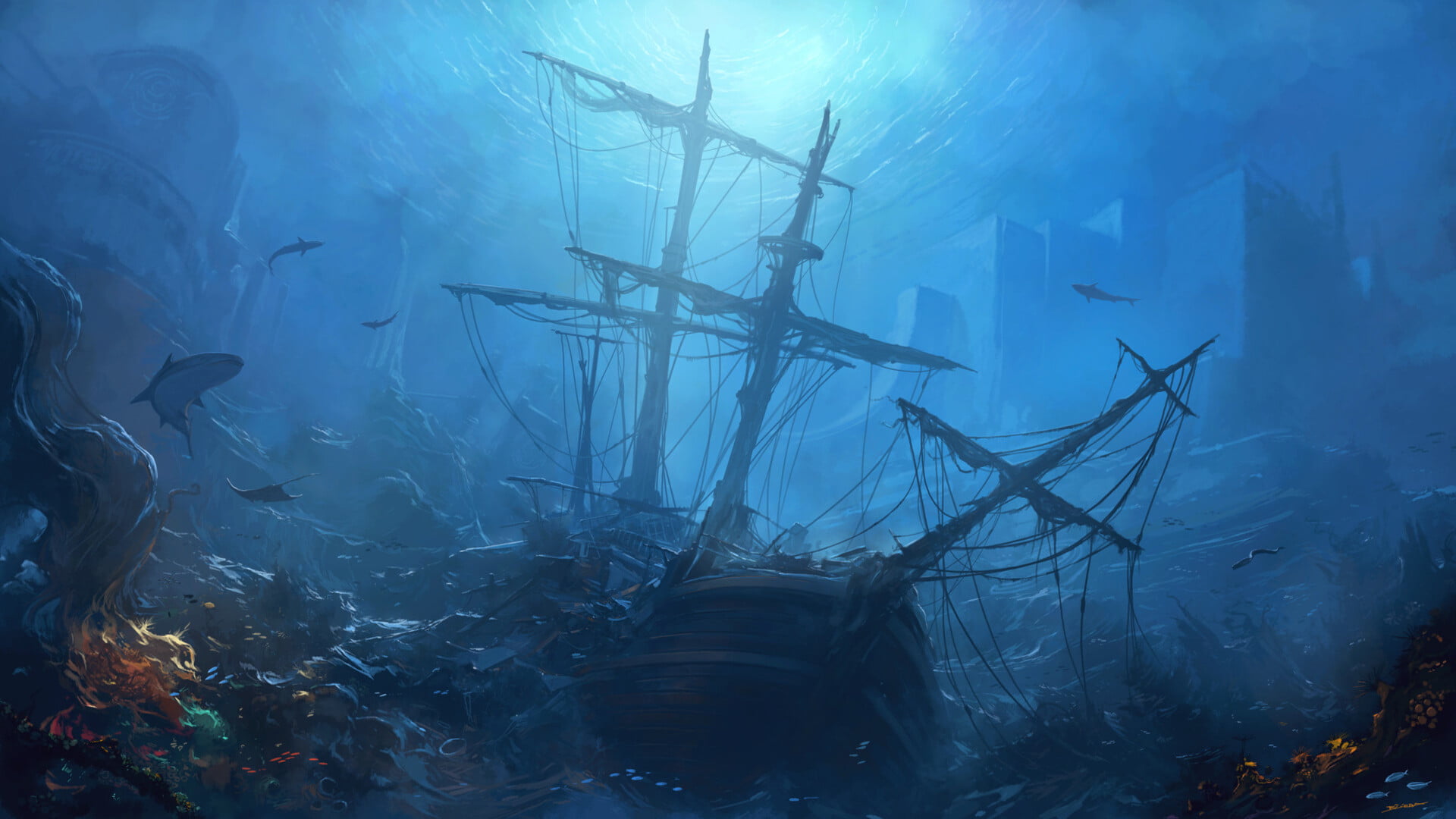 Underwater, Wreck, 1080P, Shark, Ship, Fantasy, HD Wallpaper