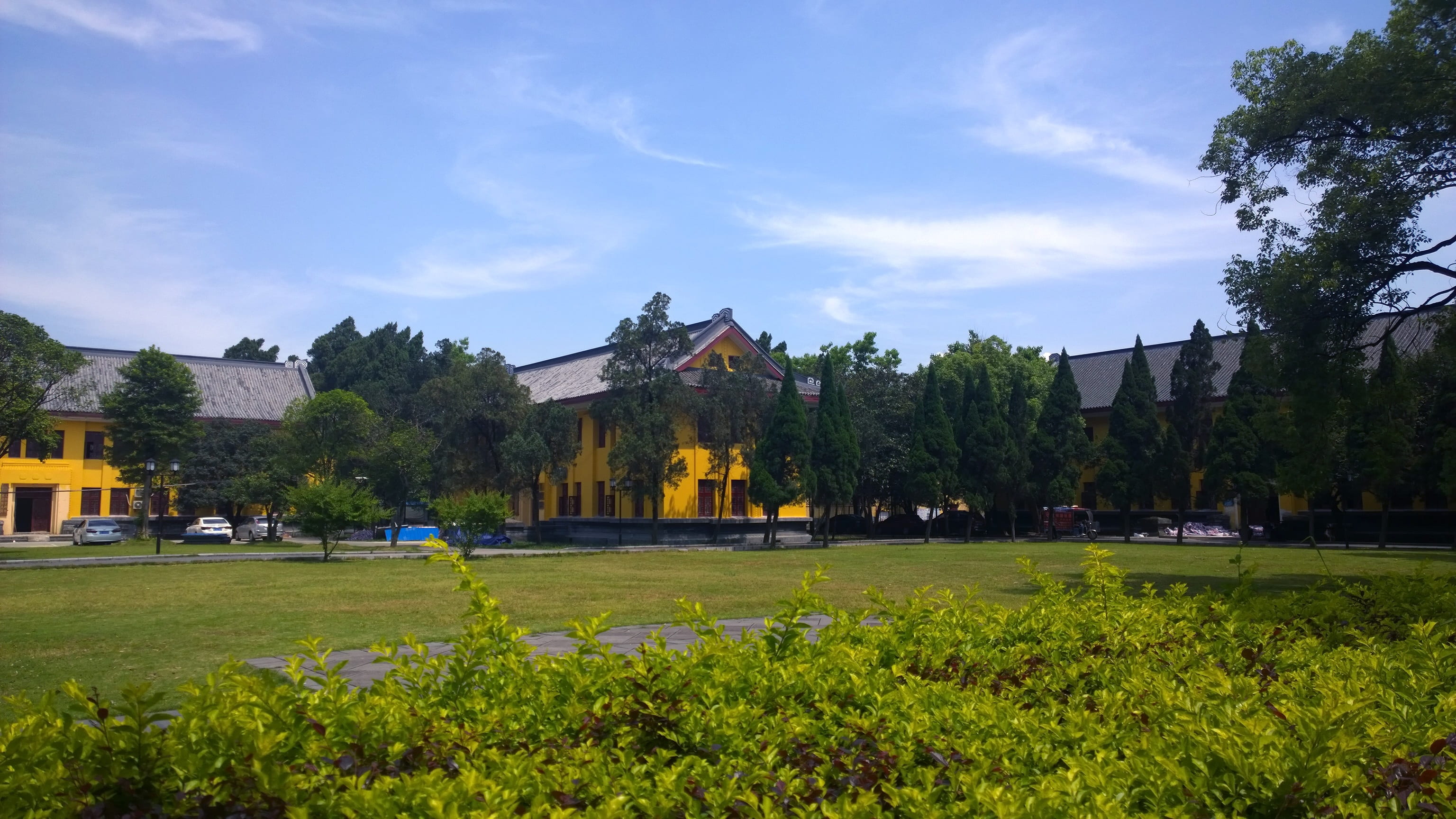 day, grassland, built structure, building exterior, green color, china, building, cloud - sky, guangxi normal university, travel destinations, blue sky, HD Wallpaper