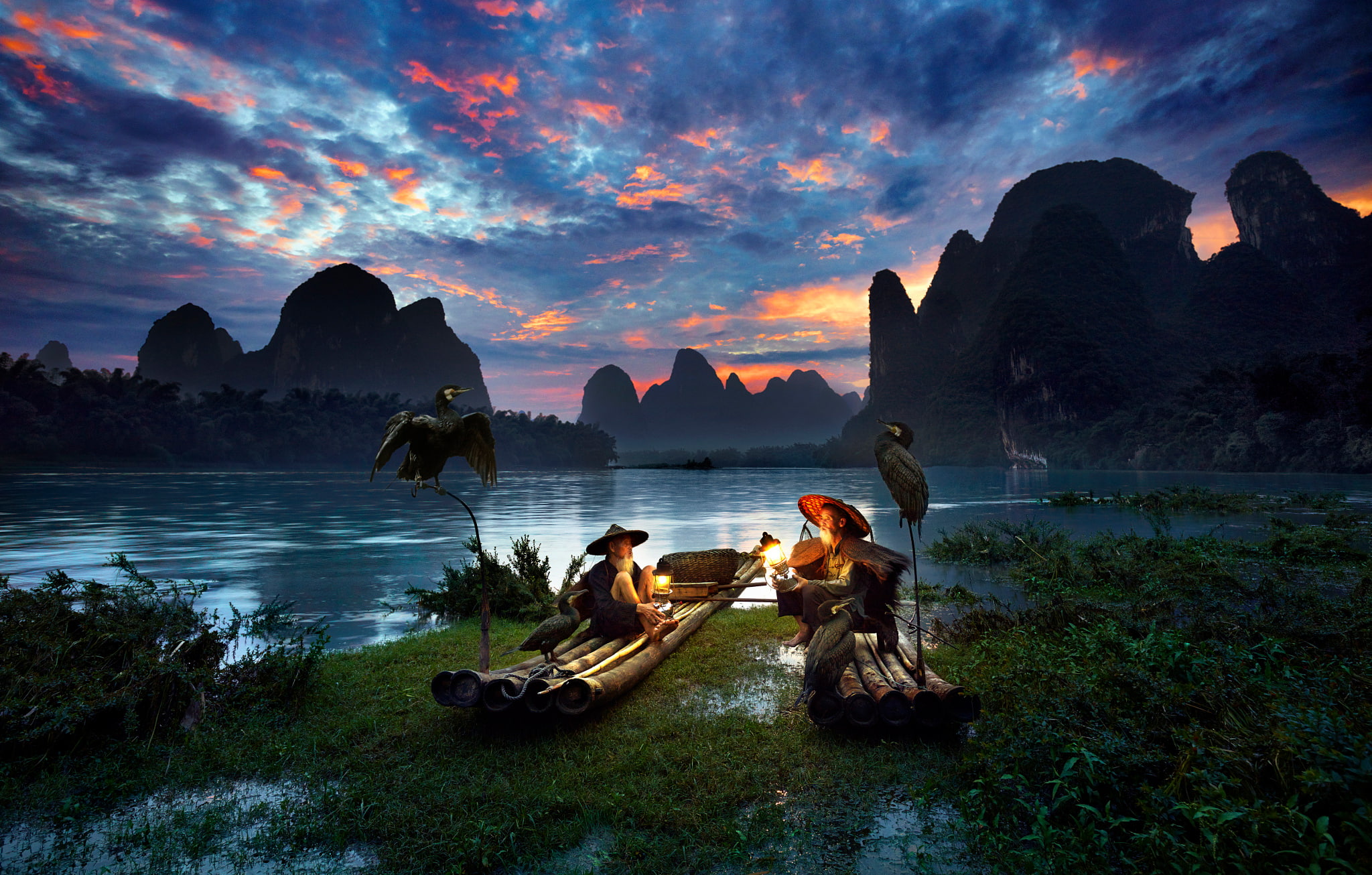 cormorants, China, fishermen, lights, district Guangxi Joins, river, 1080P, birds, the evening, boats, HD Wallpaper