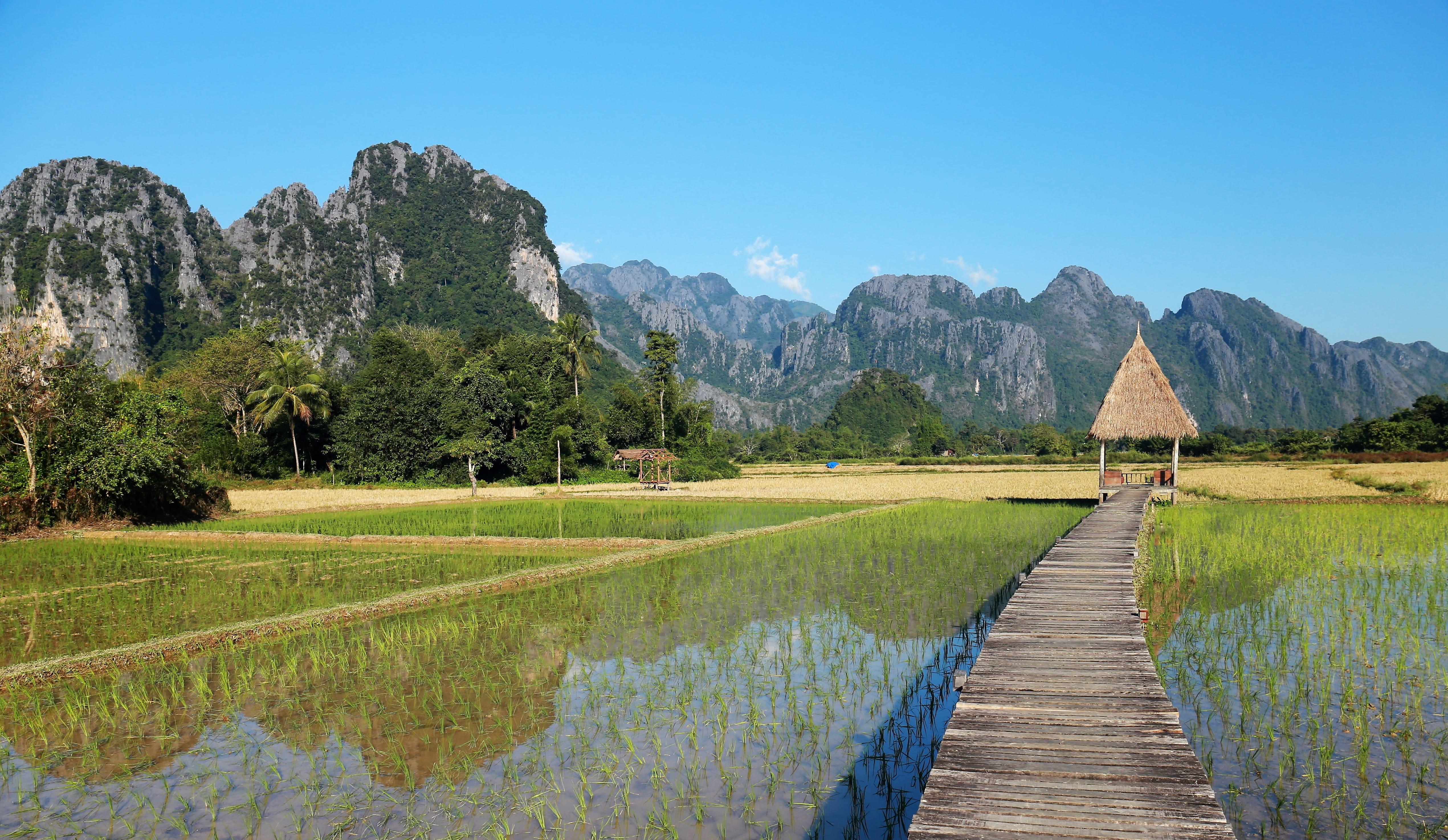 land, the scenery, no people, day, tranquil scene, water, vieng tara villa, sky, mountain range, nature, scenics - nature, vang vieng, tree, non-urban scene, HD Wallpaper