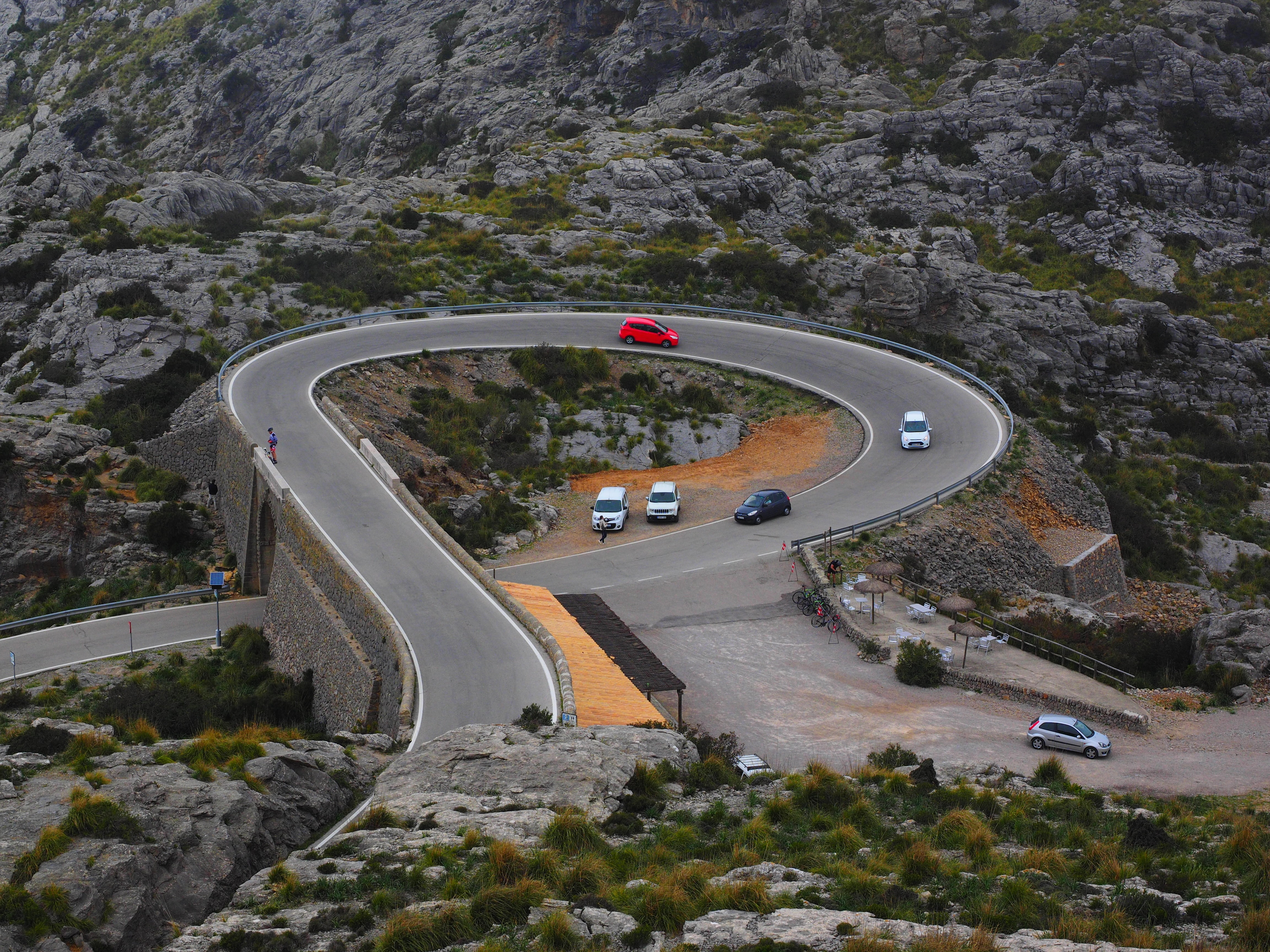 mountain road, no people, curve, gorge, mallorca, spain, nature, mode of transportation, winding road, rock - object, road, connection, several, outdoors, HD Wallpaper