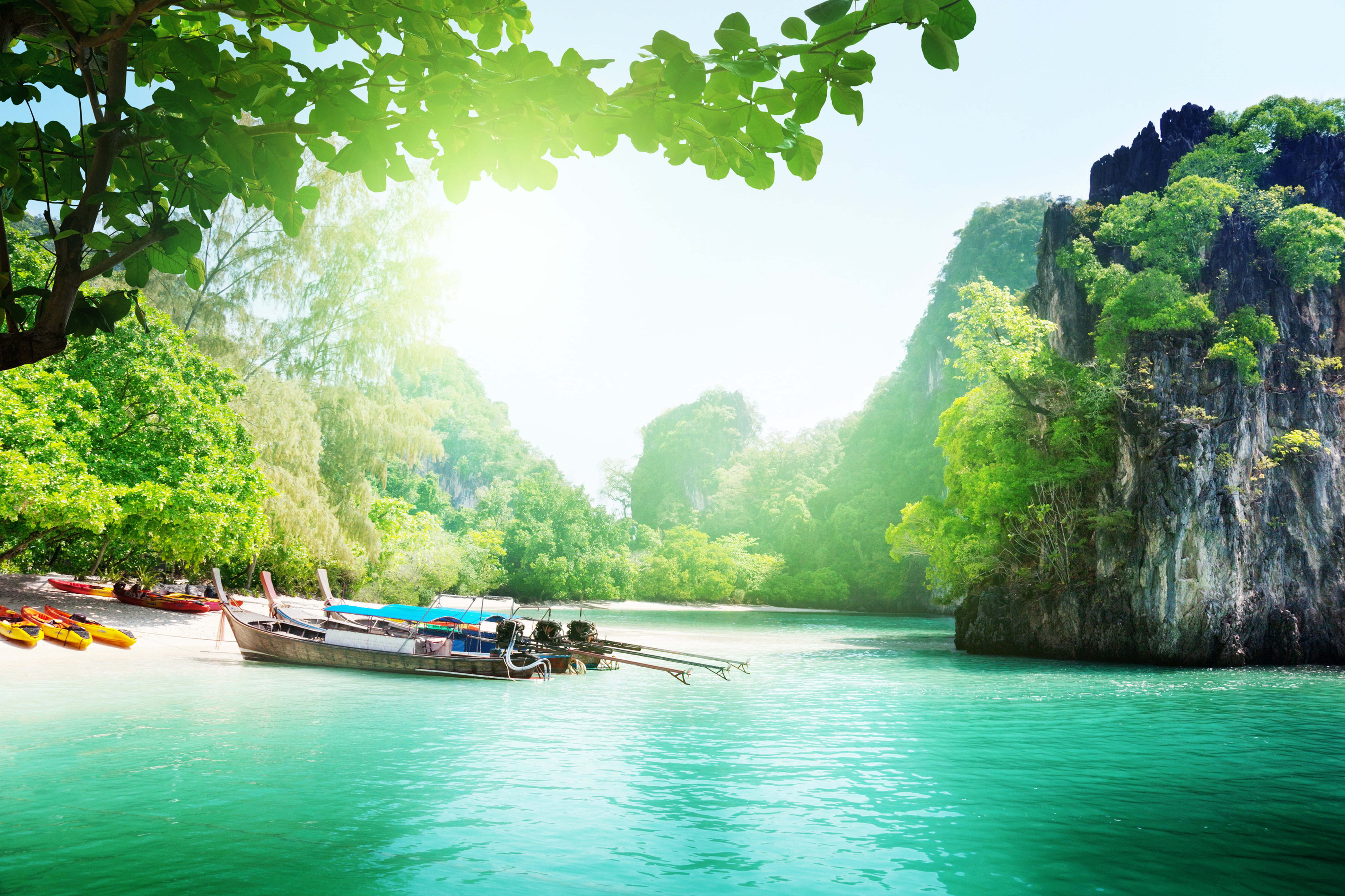 sky, brown, transportation, famous Place, relaxation, sunlight, asia, waterfront, krabi, sea, the ocean, island, beauty In Nature, tree, green Color, phi Phi Islands, HD Wallpaper