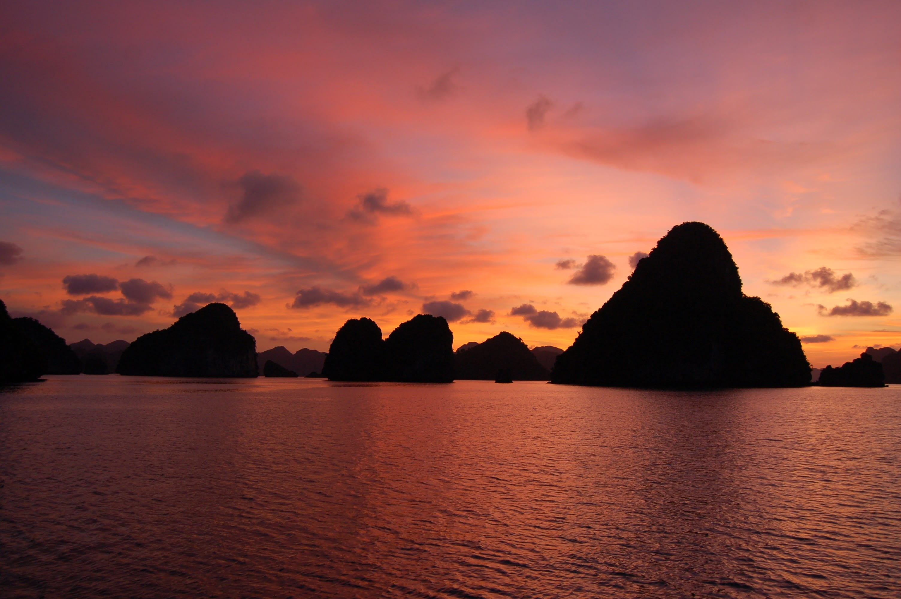 large, idyllic, scene, water, formation, rock - object, waterfront, tranquility, sunset, scenics - nature, nature, orange color, landscape, cloud - sky, HD Wallpaper