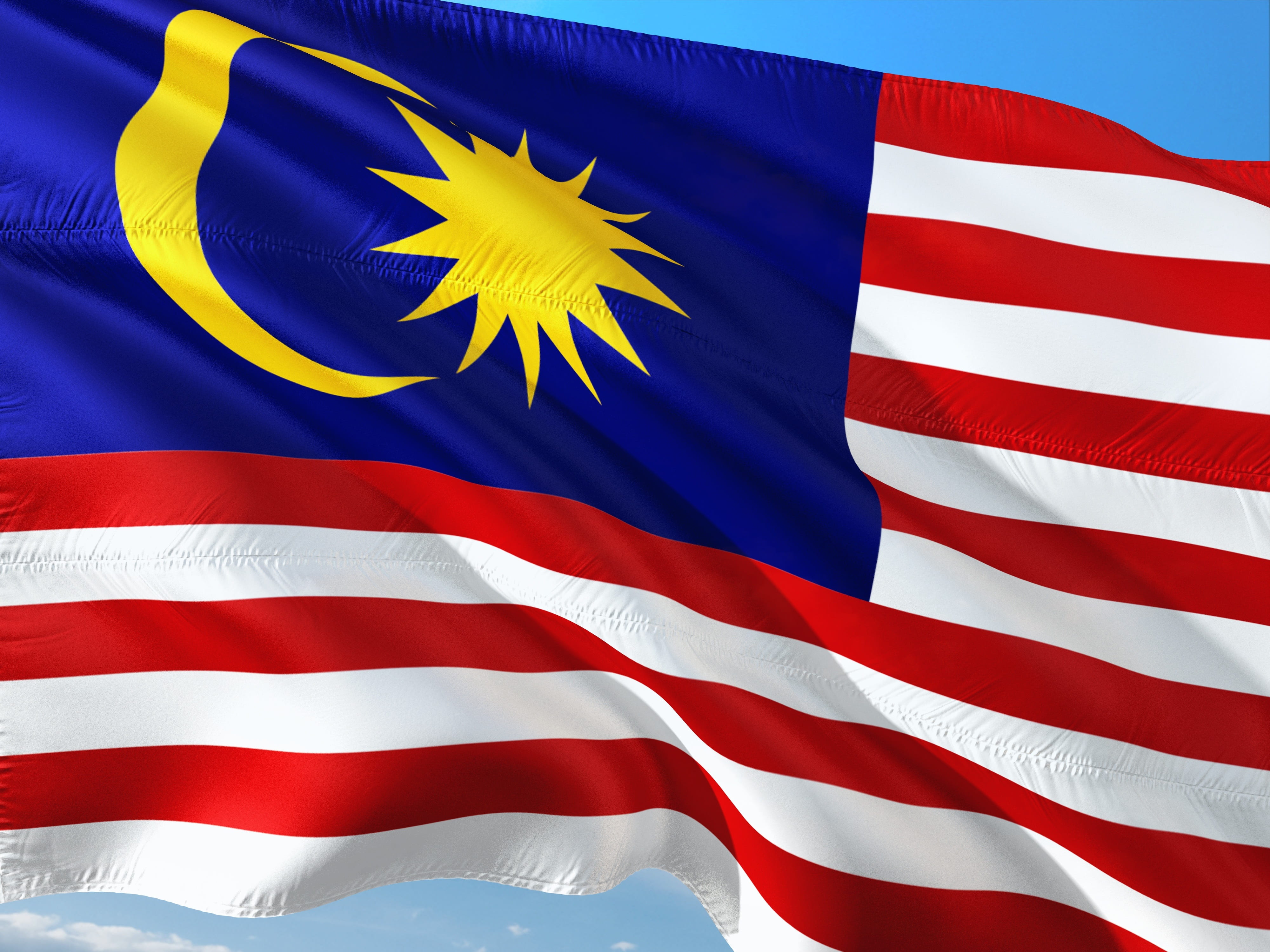 close-up, red, malaysia, patriotism, blue, emotion, waving, no people, state, 4K, flag, symbol, national icon, wind, star shape, south east asia, international, HD Wallpaper