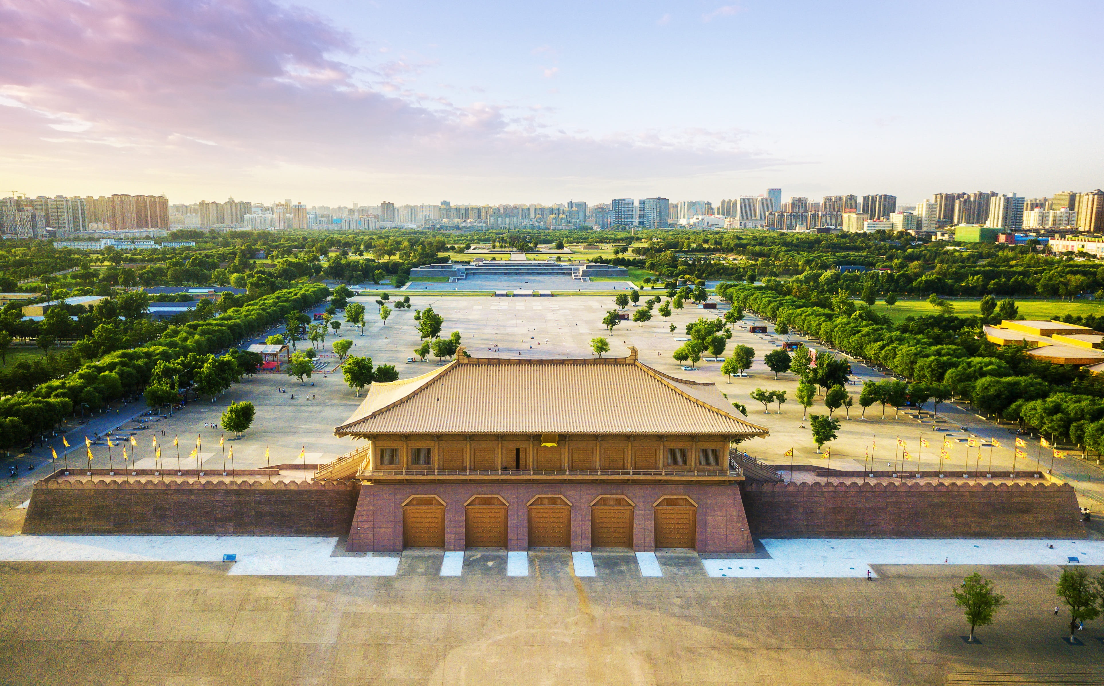 park, nature, skyscraper, cityscape, park - man made space, building exterior, tang palace, no people, tree, sky, plant, 4K, outdoors, china, office building exterior, HD Wallpaper