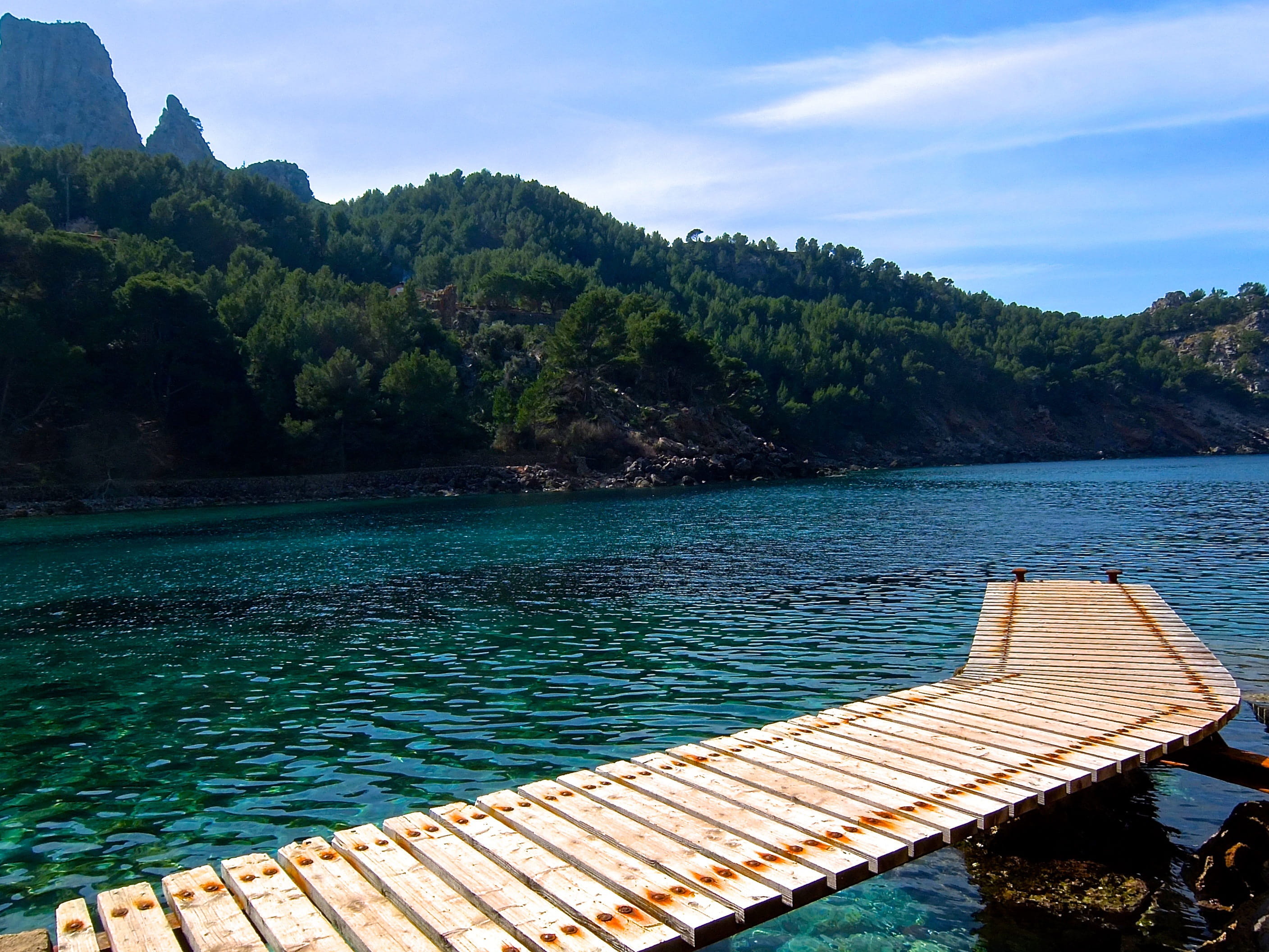 tranquil scene, beauty in nature, cloud - sky, sea, 2K, water, wooden boards, outdoors, pier, wood, tranquility, idyllic, landscape, mountain, no people, HD Wallpaper