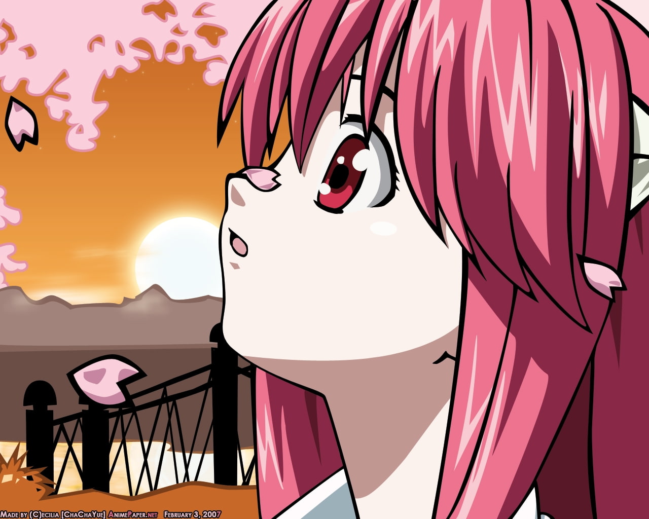 Elfen Lied, pink hair, eyes, red, people, flower petals, flower, elfen, art, petals, 720P, children, hd, hair, lied, red eyes, pink, HD Wallpaper