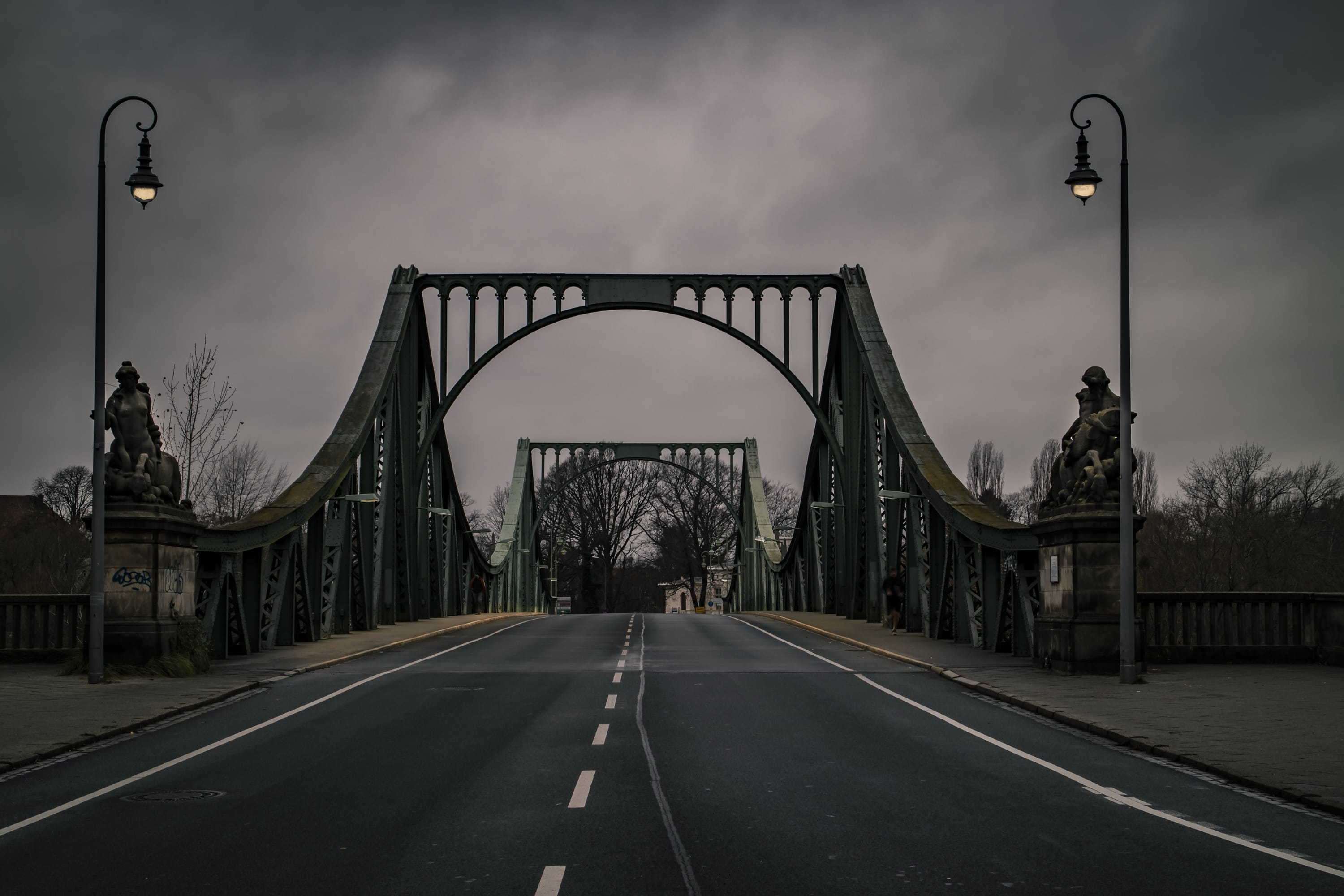 architecture, lighting equipment, direction, cloud - sky, marking, bridge, outdoors, street, 2K, street light, diminishing perspective, transportation, HD Wallpaper