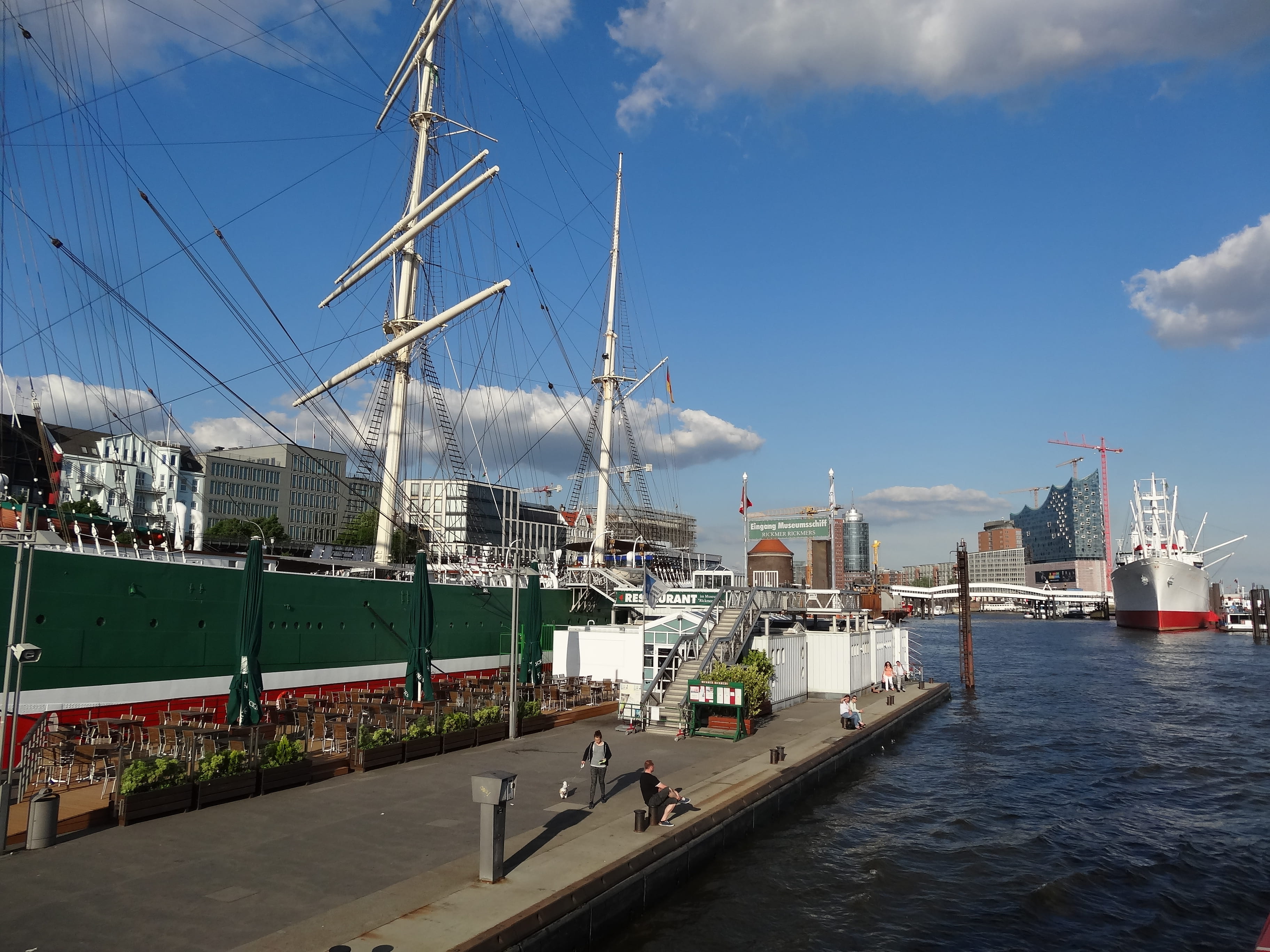 no people, mode of transportation, outdoors, landungsbrücken, built structure, hamburg, cloud - sky, sea, sailboat, deutschland, yacht, moored, cruise ship, HD Wallpaper