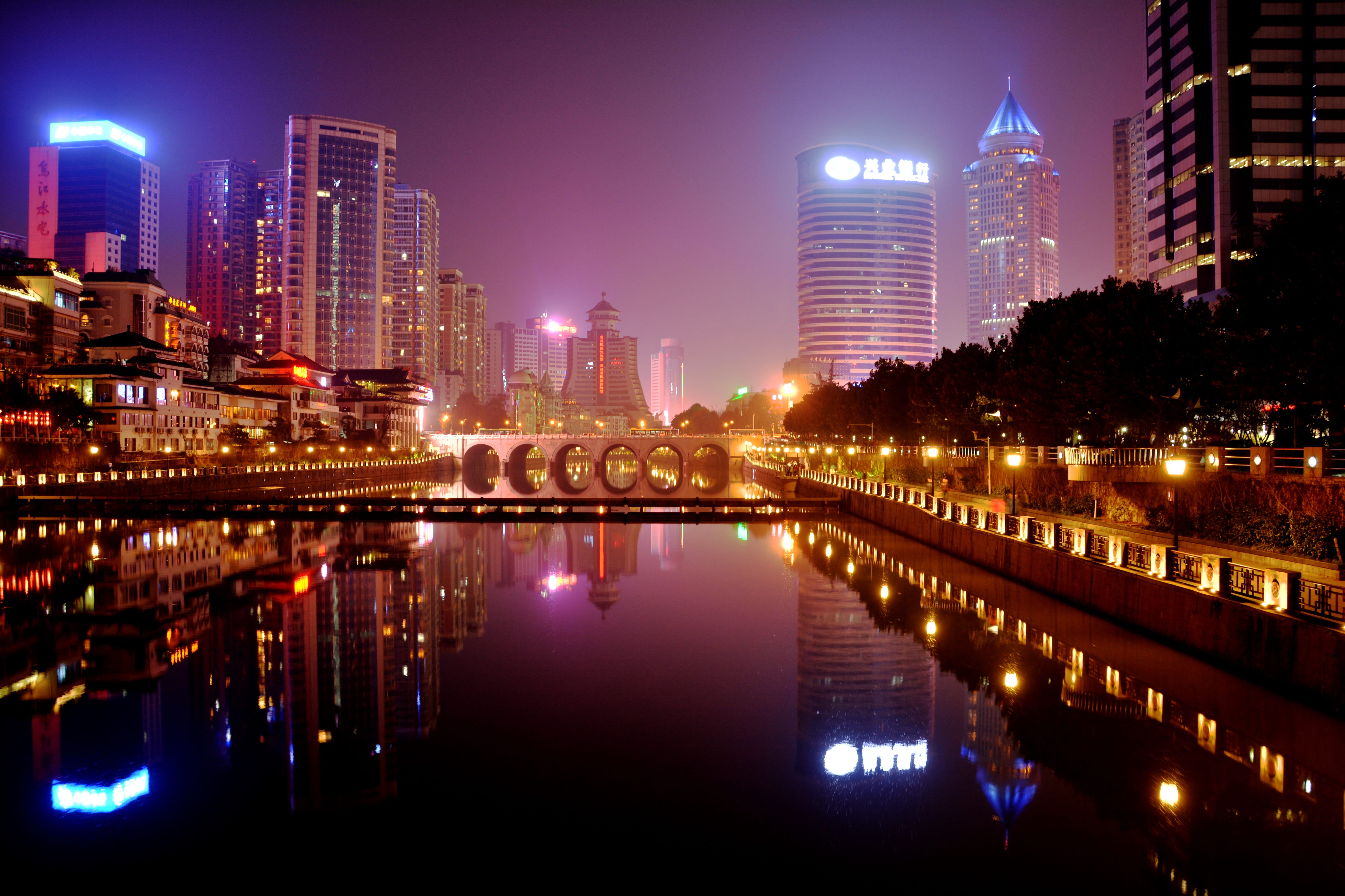 sky, zhenyuan, cityscape, building exterior, river, yard, nature, waterfront, night, 5K, mountains, no people, city, water, skyscraper, scenery, tourism, HD Wallpaper