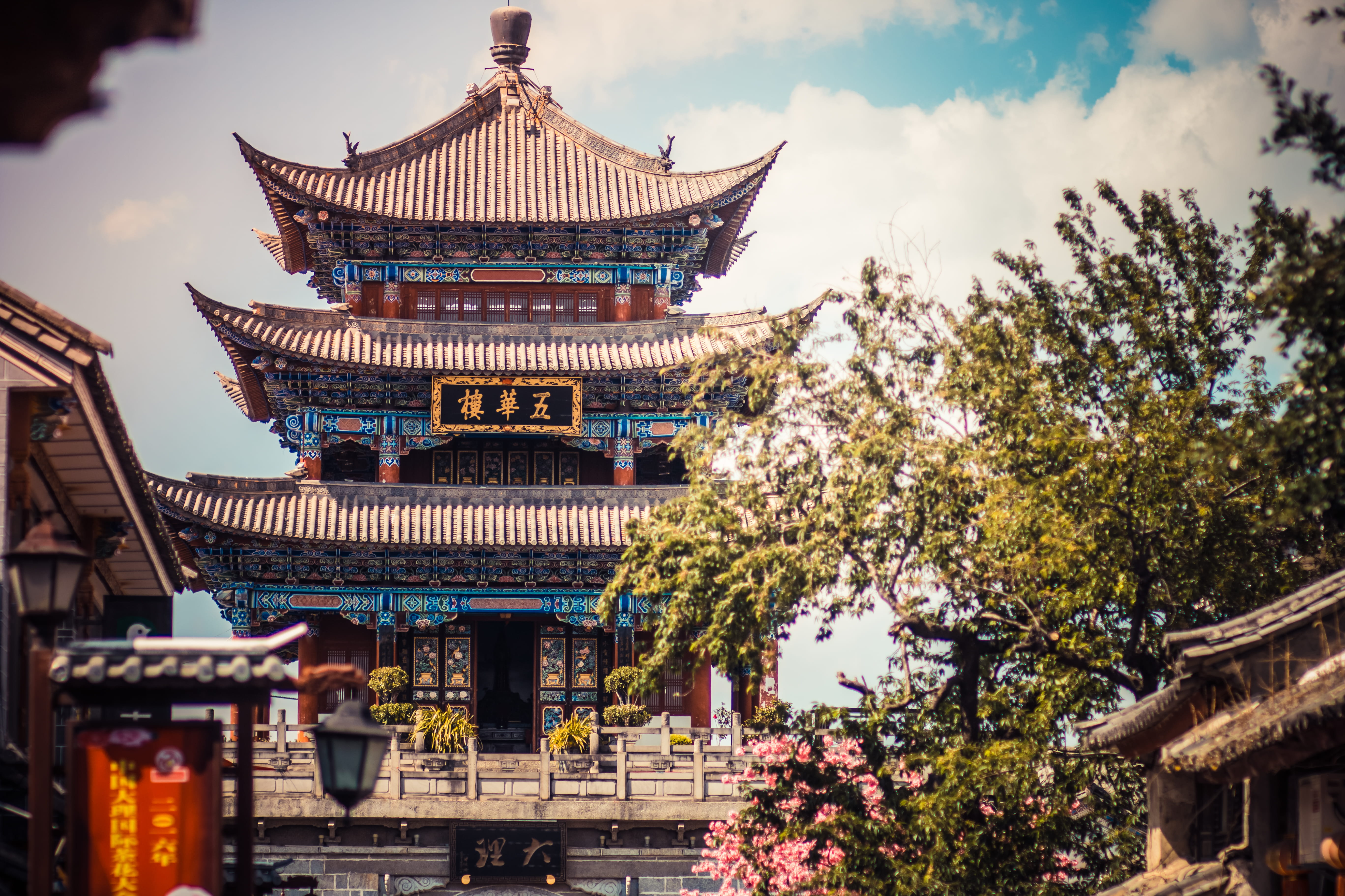 roof, shrine, no people, spirituality, low angle view, belief, building, built structure, nature, place of worship, dali ancient city south gate, cloud - sky, HD Wallpaper