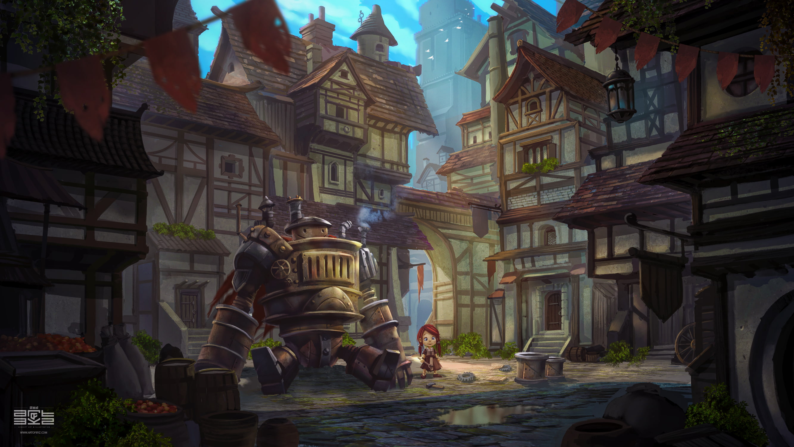 Little Girl, House, Robot, Child, 2K, Sci Fi, Town, HD Wallpaper