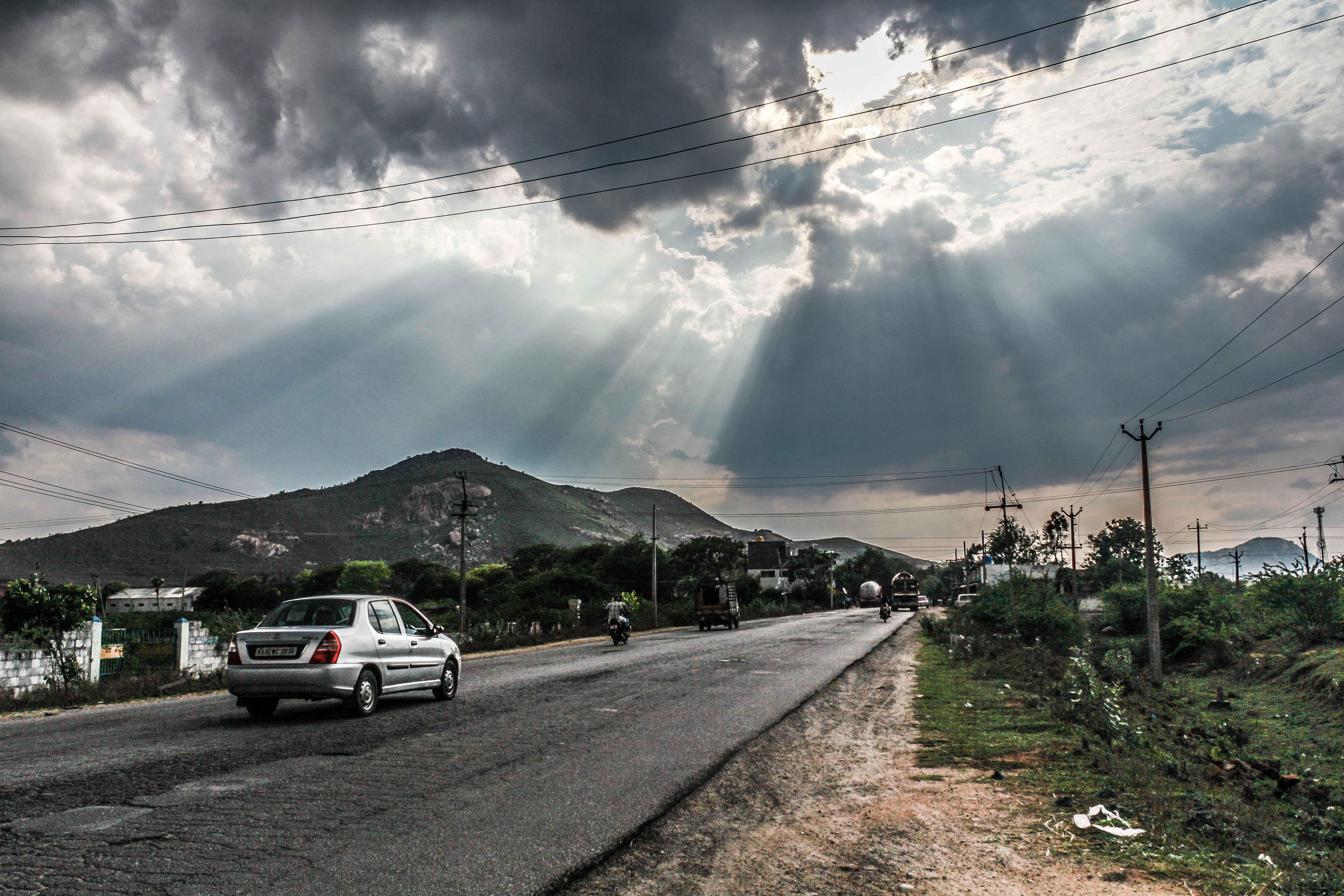sunset, view, rays, travel, electricity pylon, transport, journey, sun, traffic, rural, route, diminishing perspective, dom, transportation, cloud - sky, HD Wallpaper