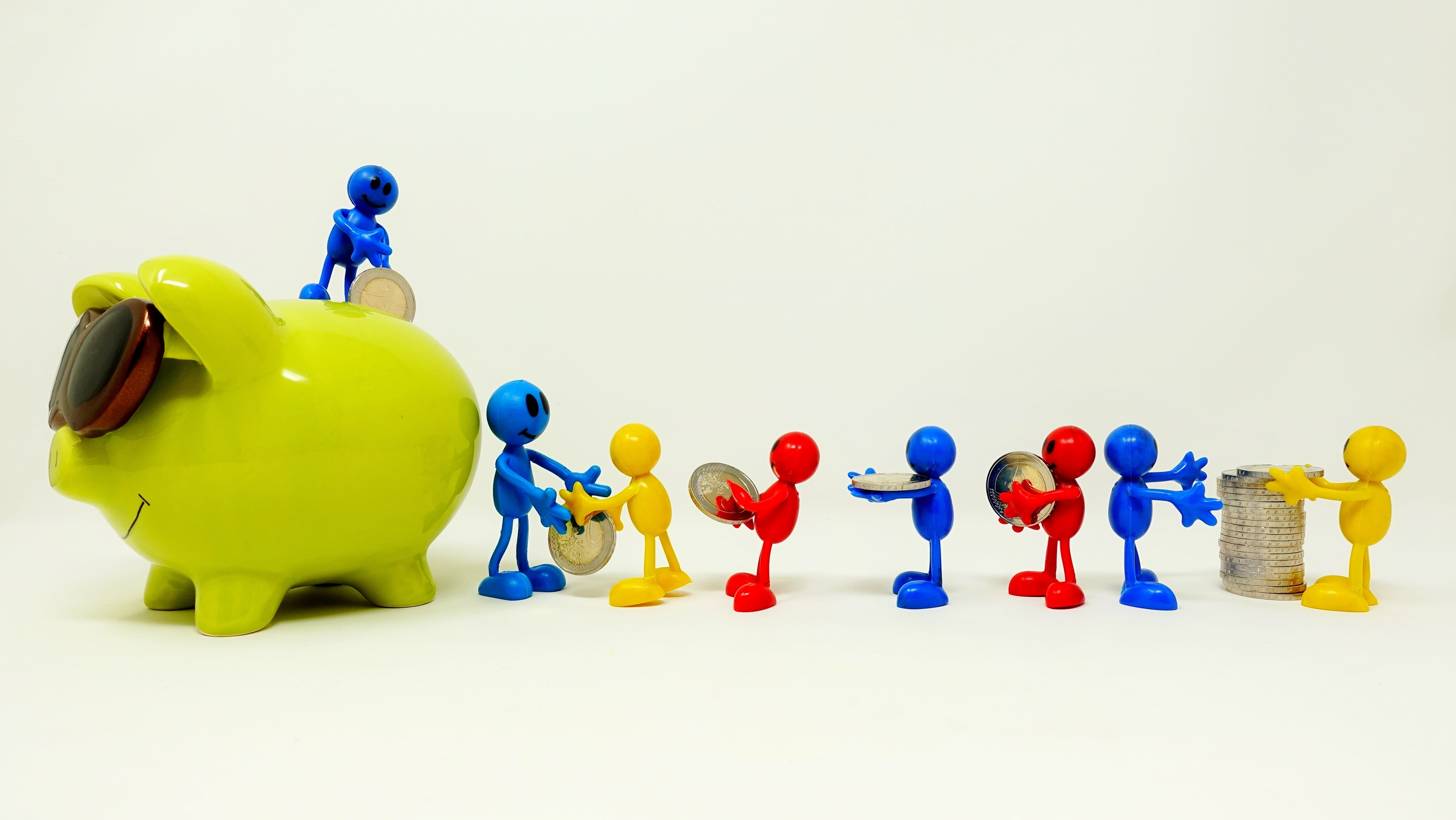 planning, economical, teamwork, white, savings, figures, money, lucky pig, save, euro, studio shot, yellow, piglet, piggy bank, copy space, white background, HD Wallpaper
