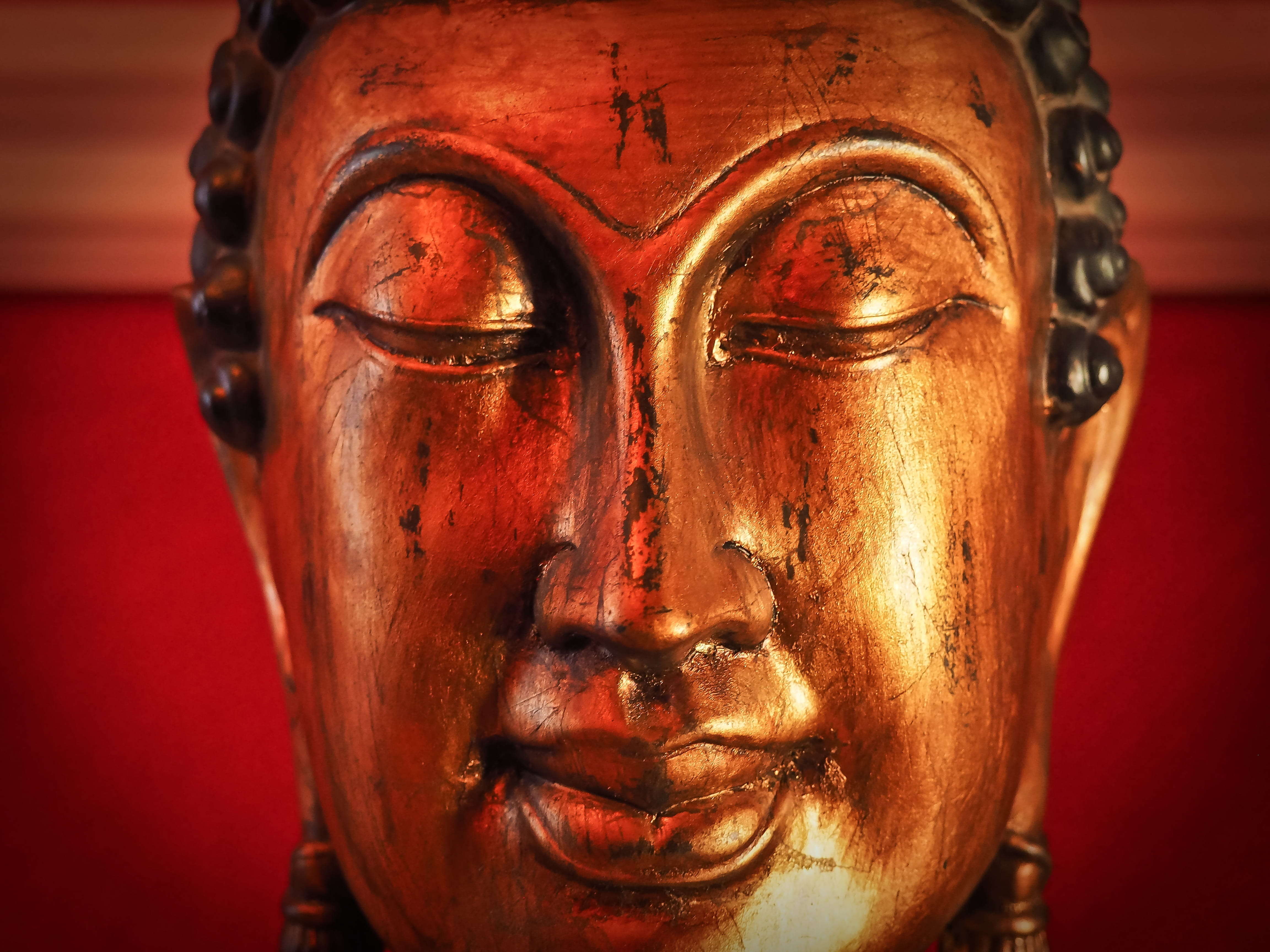 creativity, old, fernöstlich, decoration, red, statue, buddha, sculpture, figure, ornate, male likeness, close-up, face, religion, antique, history, gold, HD Wallpaper