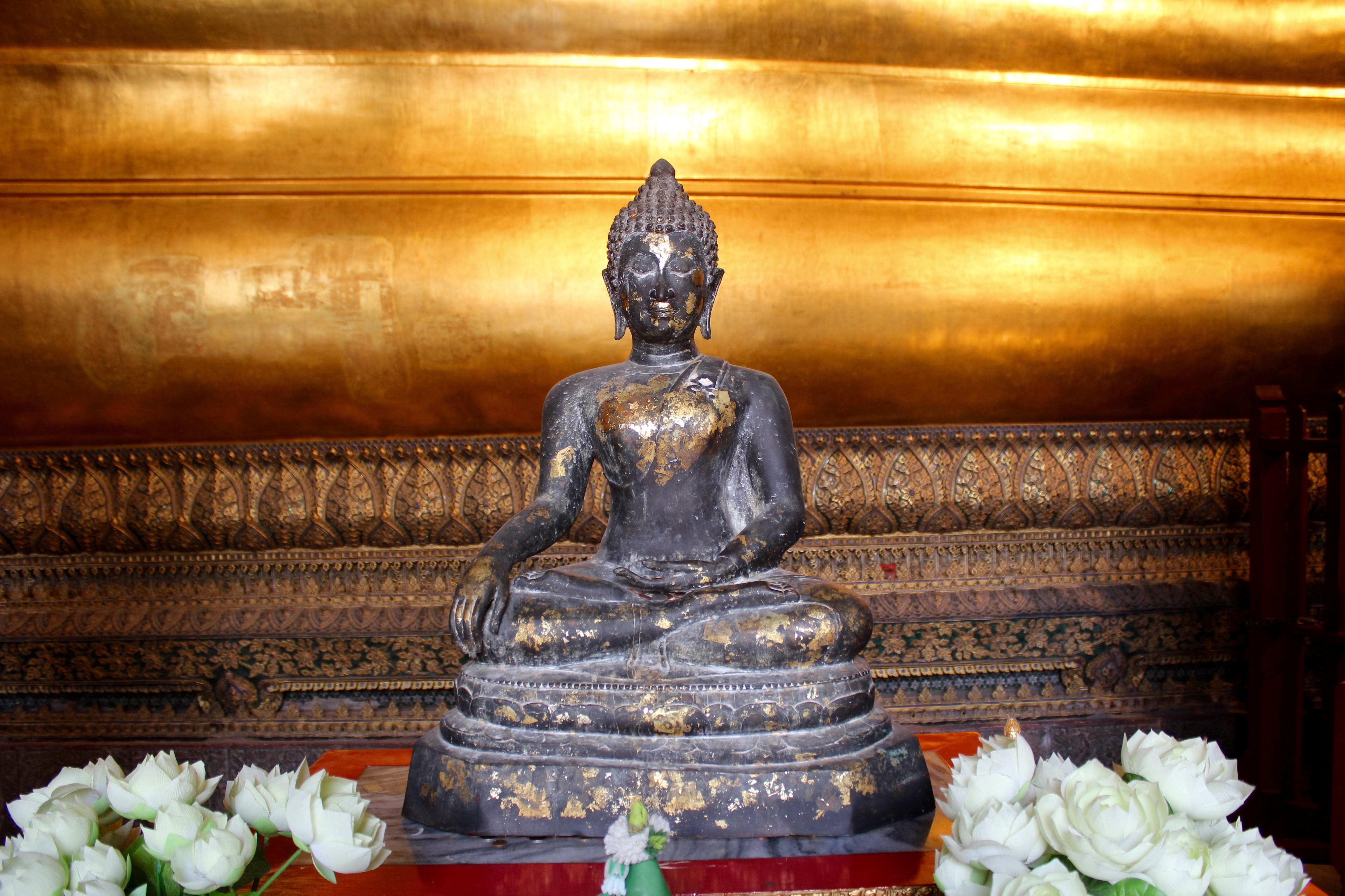 spirituality, architecture, rest, thai buddha, transcendence, religion, gold, Meditation, 5K, built structure, idol, spiritual, flower, statue, sculpture, HD Wallpaper